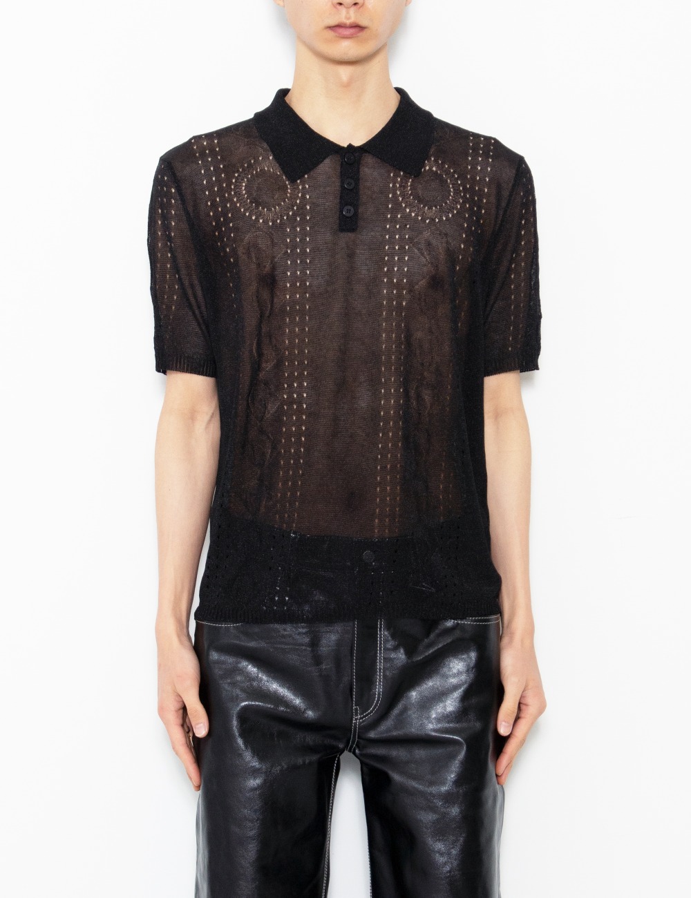 METALLIC POINTELLE KNIT POLO SHIRT_BLACK