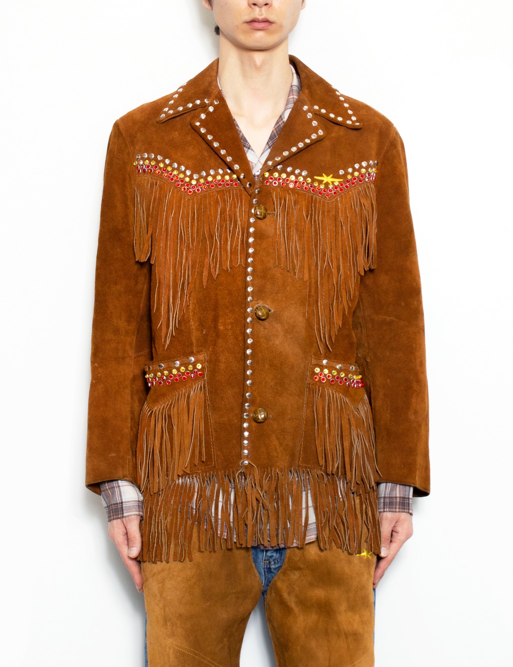 FRINGE LEATHER JACKET W/STUD_BROWN