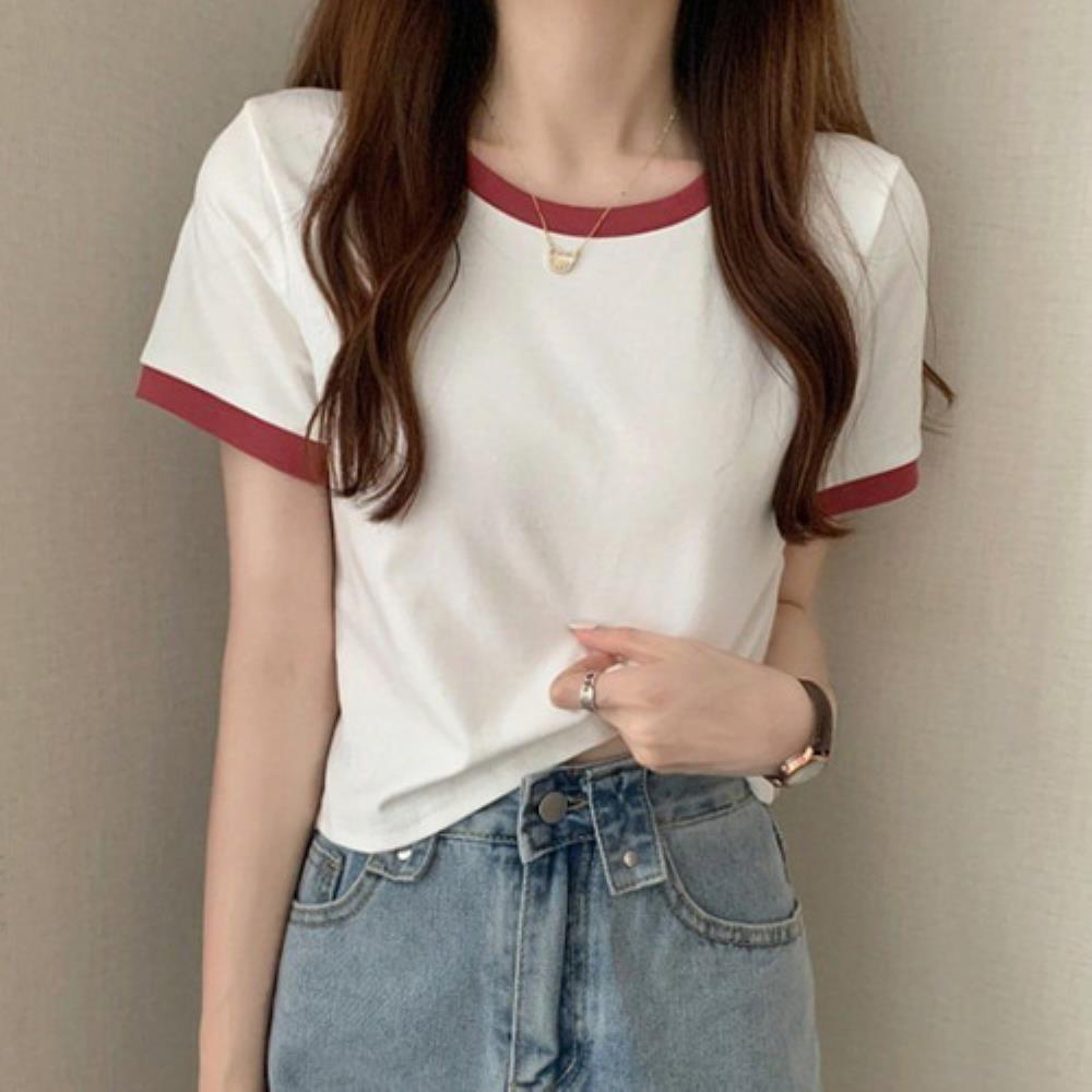 여자 여름 3컬러 넥 소매 반팔 티셔츠