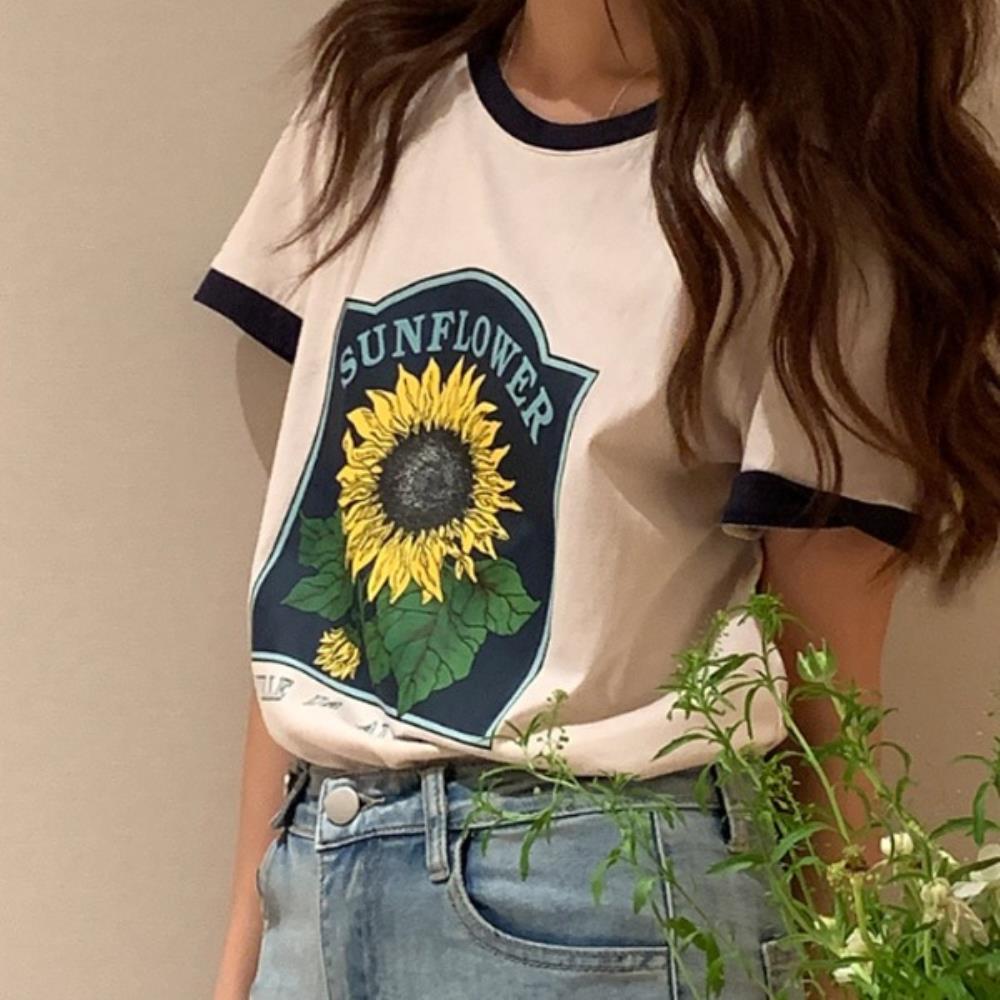 여자 여름 캐주얼 해바라기 코튼 티셔츠