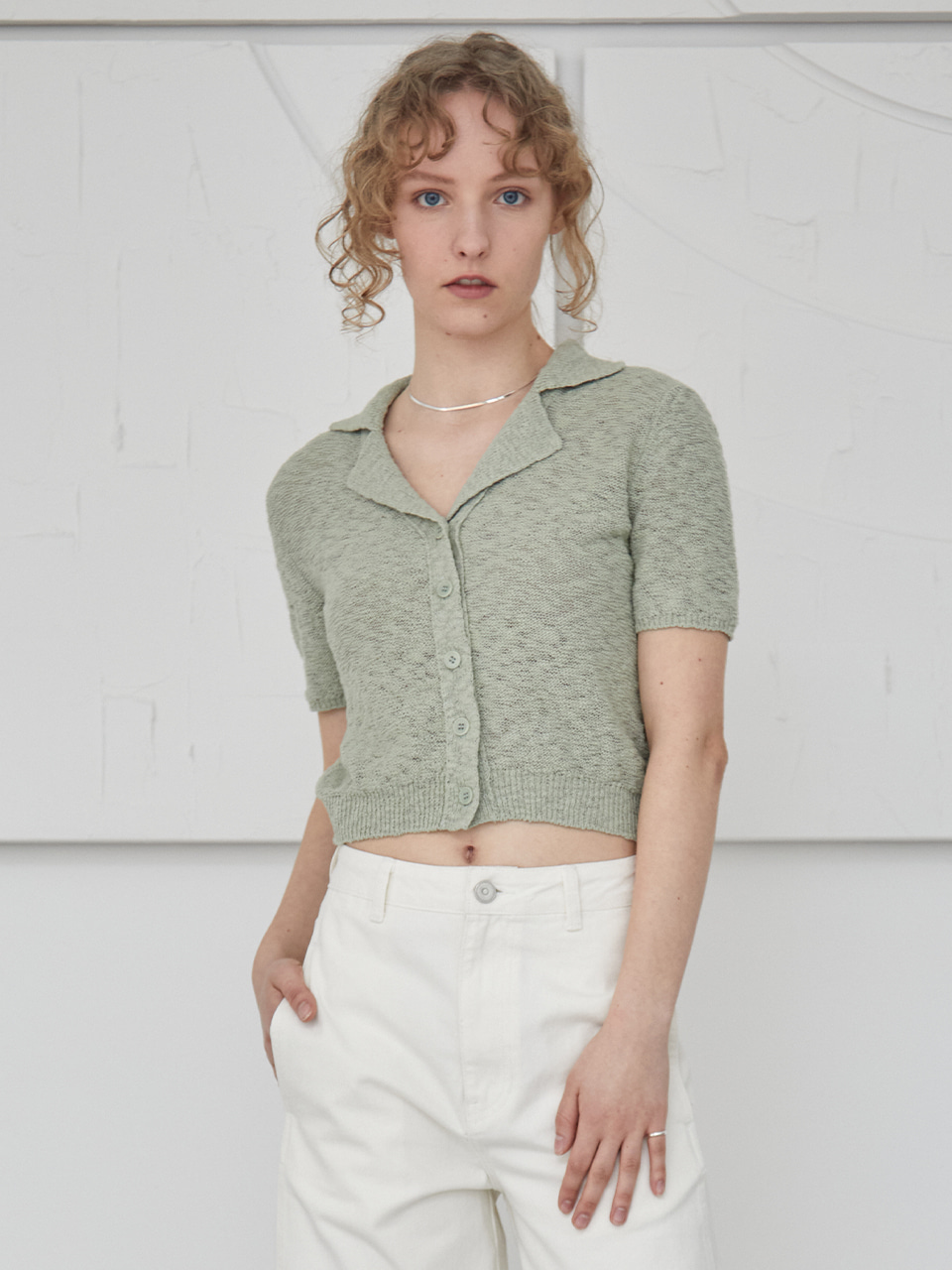 Net Collar Cardigan Pistachio Green