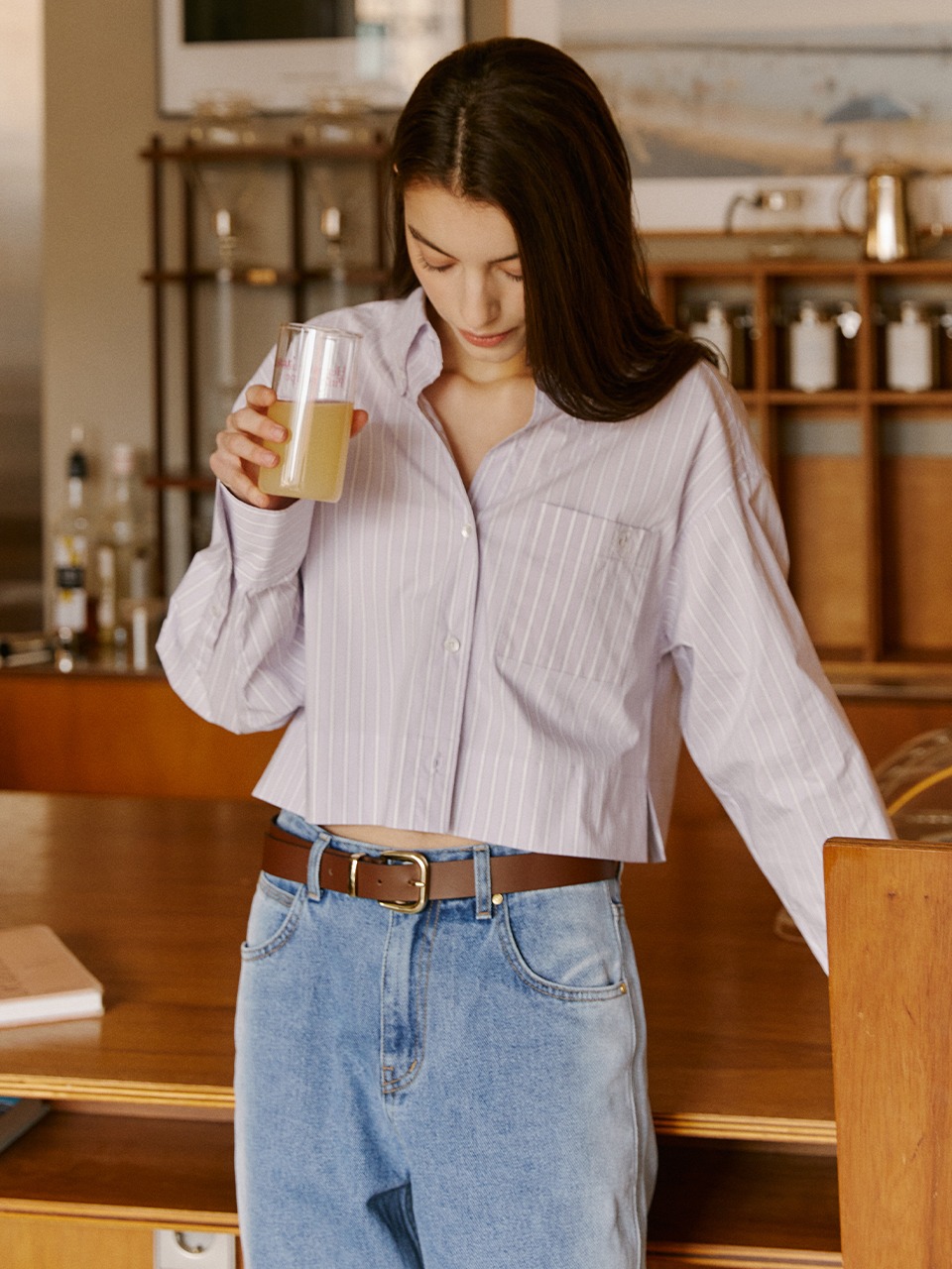 Molly Stripe Crop Shirts Blueberry Latte