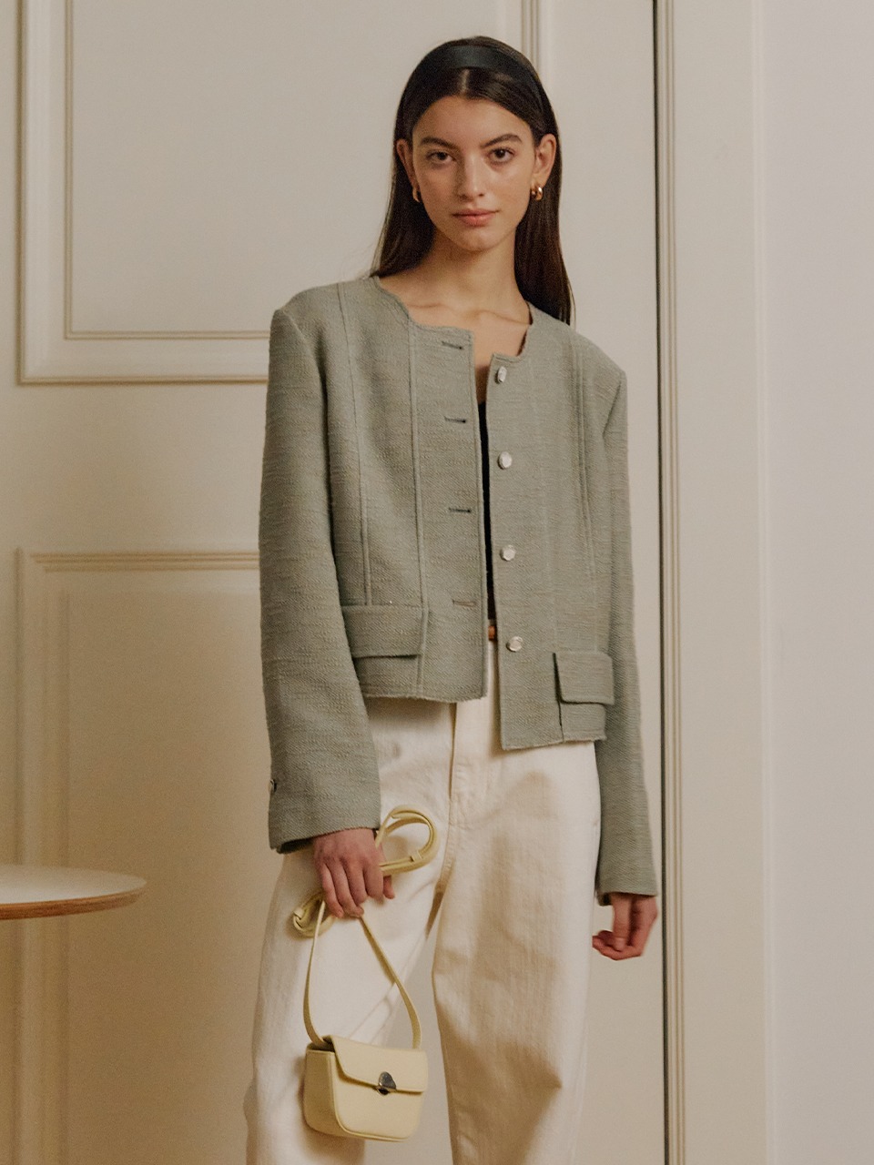 Tweed Cropped Jacket Pistachio Green