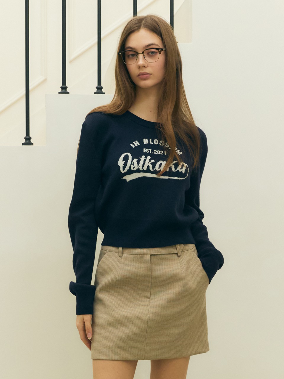 Wool Blossom Lettering Knit Navy