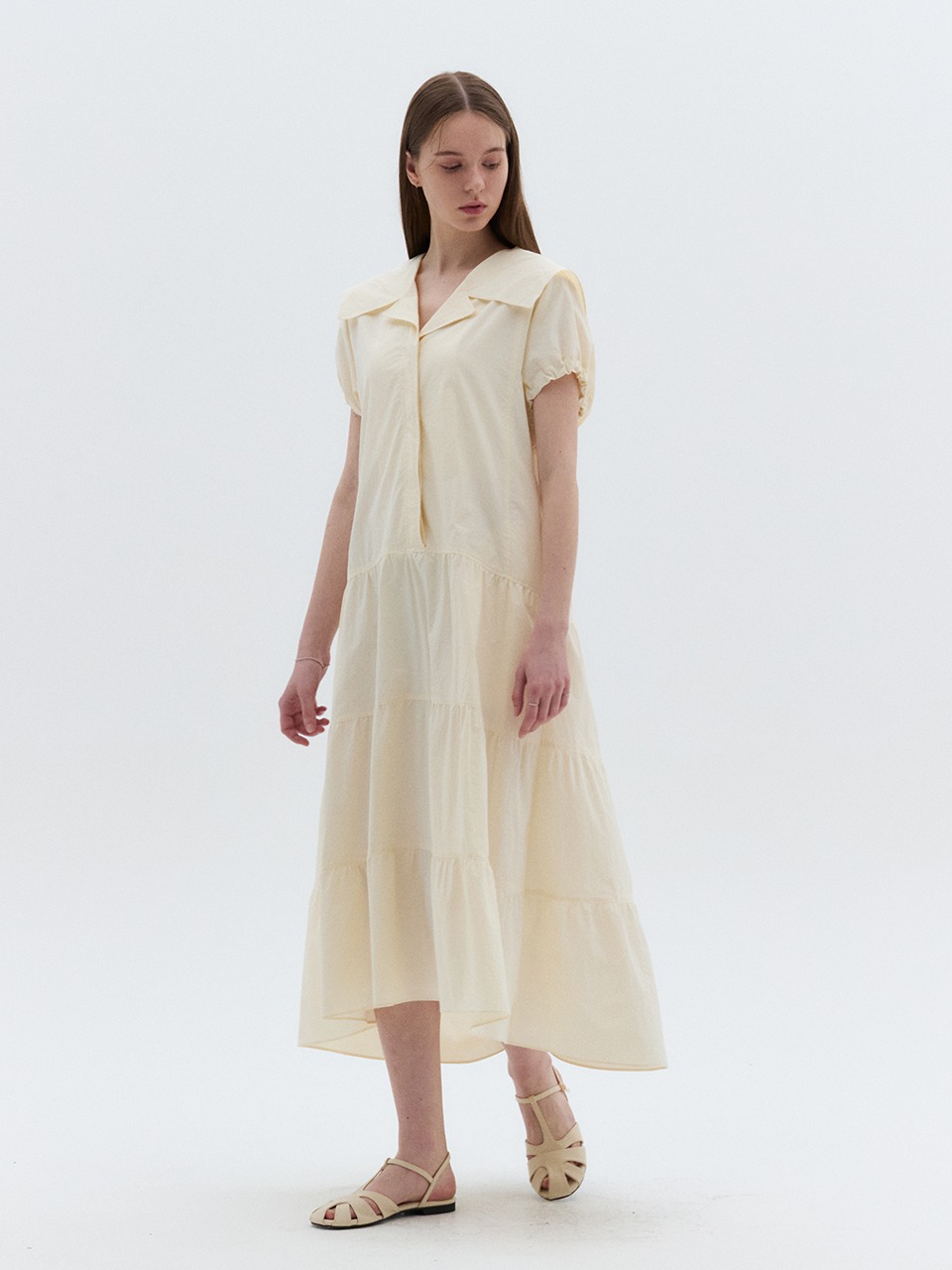 Sailor Collar Tiered Maxi Dress Cream