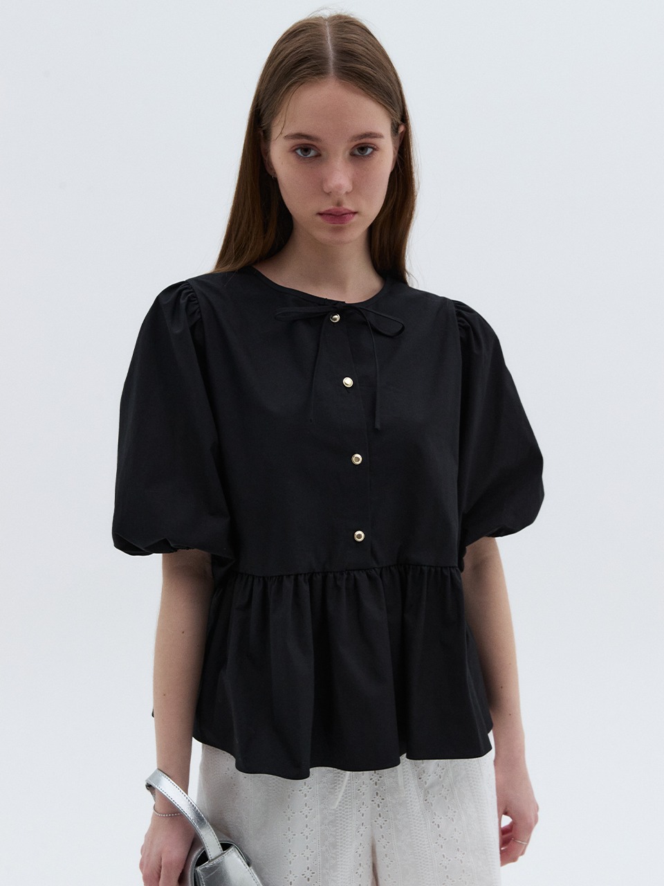 Two-way Puff Peplum Blouse Black