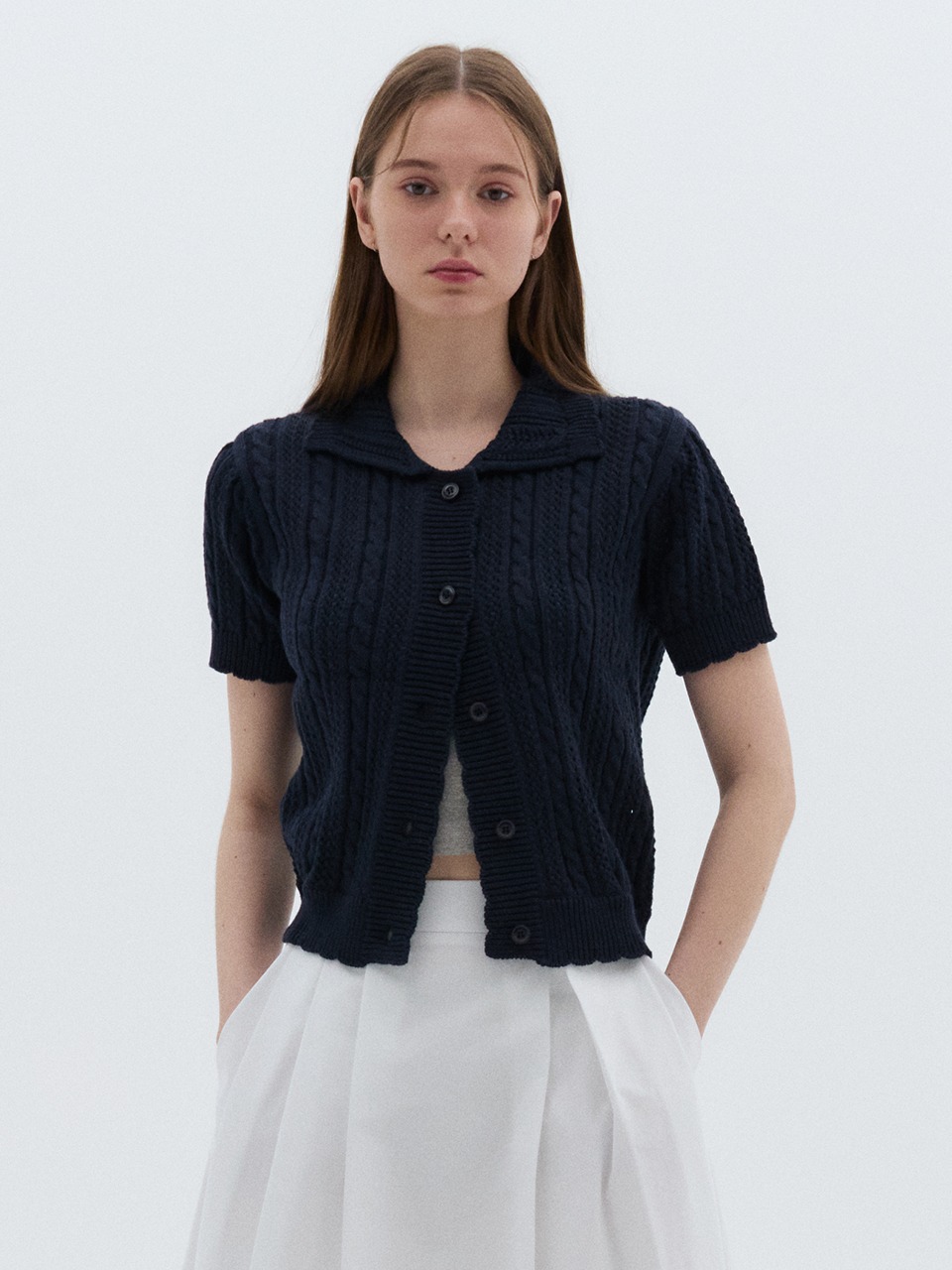 Crop Collar Cable Cardigan Navy