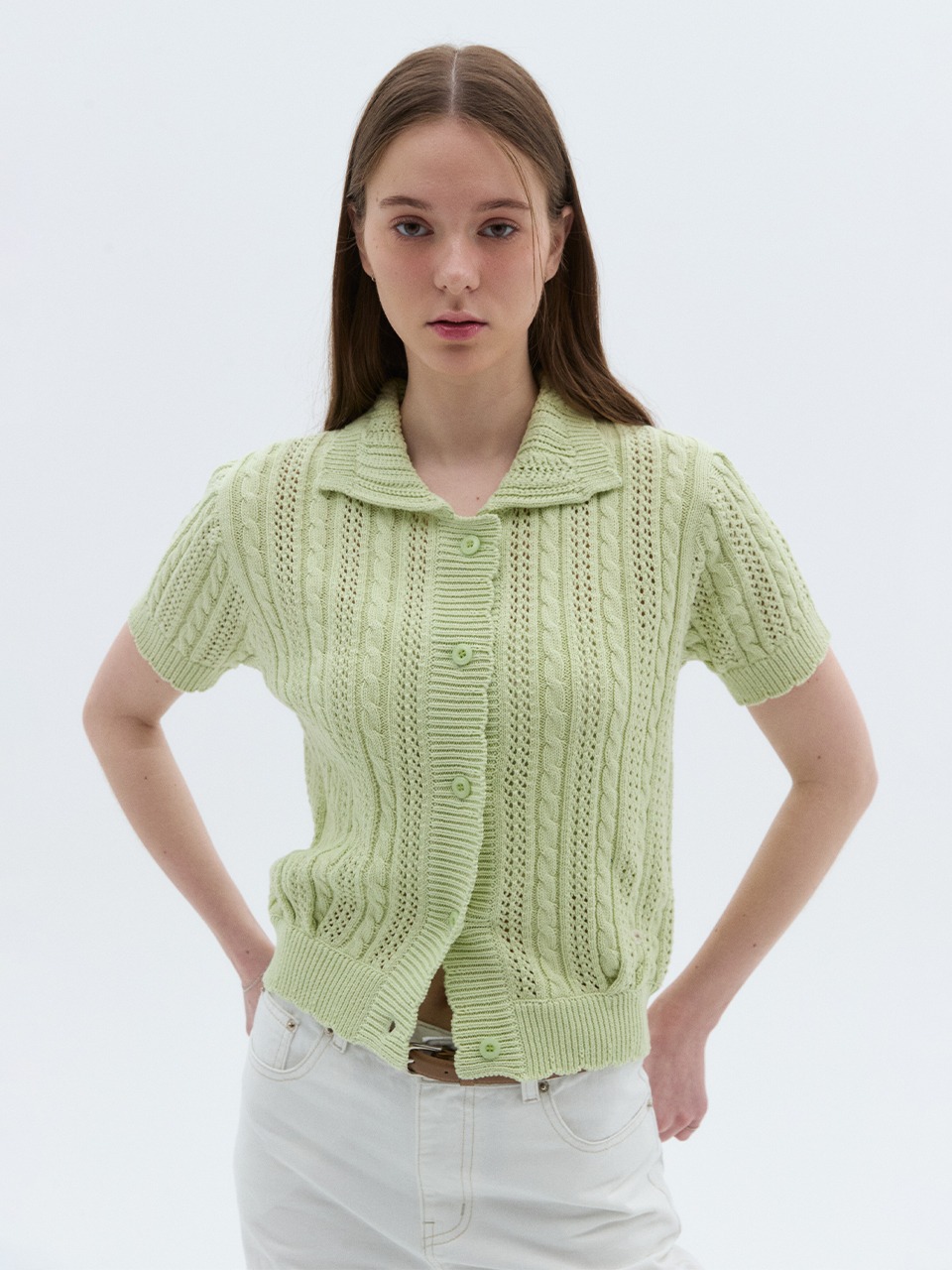Crop Collar Cable Cardigan Lime