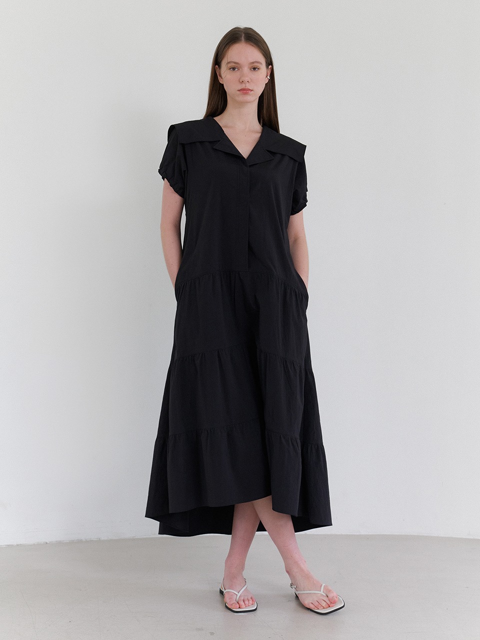 Sailor Collar Tiered Maxi Dress Black