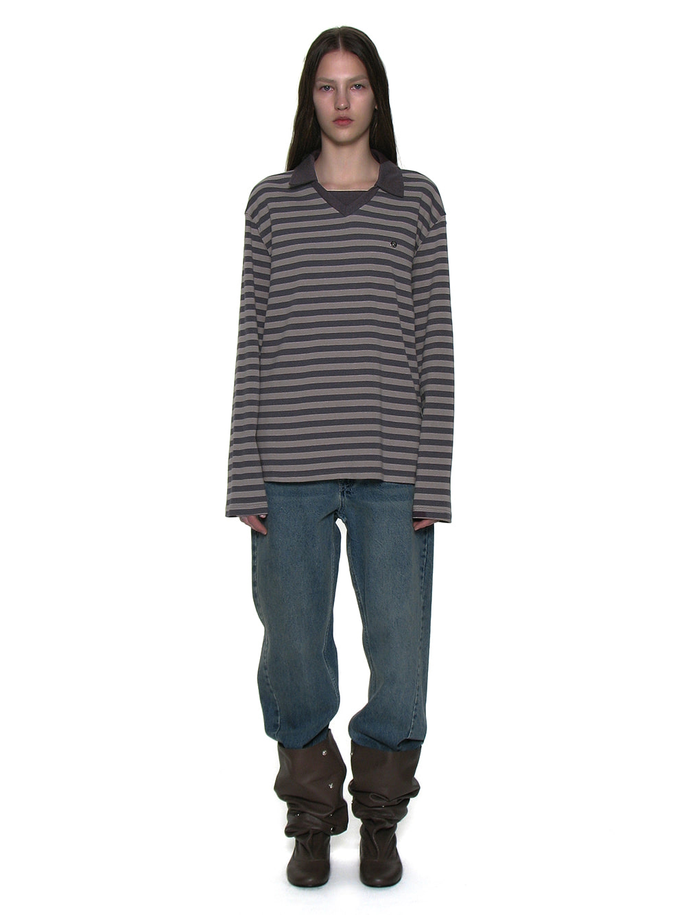 【PARTIMENTO】 DOUBLE COLLAR STRIPE LONG SLEEVE TEE /追跡付 WOMEN] DOUBLE COLLAR STRIPE LONG SLEEVE TEE_MOCHA GREY