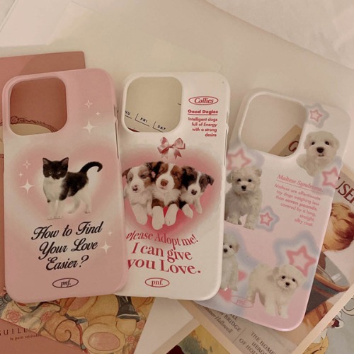 PF160 귀여운 파스텔 강아지 고양이 핸드폰 하드 빈티지 로맨틱 감성 카드 수납 집사 휴대폰 아이폰케이스 X XR XS 11 12 13 14 15 미니 플러스 프로 맥스
