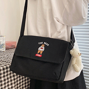 SB482 곰돌이 자수 심플 베이직 에코 스퀘어 가방,대학생 빈티지 캐주얼 캔버스 데일리 간편 가벼운 숄더 크로스백 귀여운 천가방