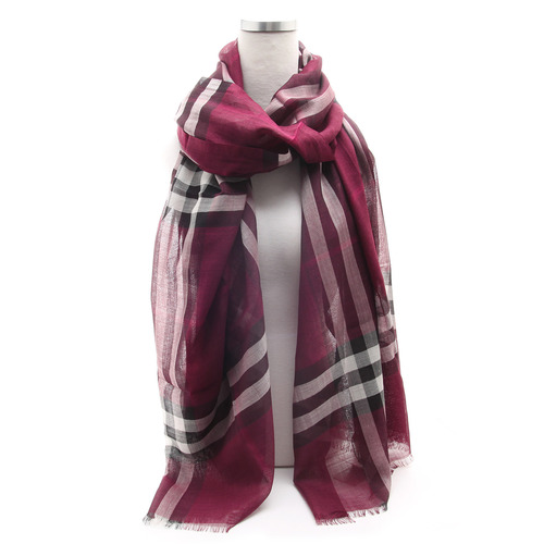 BURBERRY 버버리 체크 울 실크 스카프 MU GAUZE GIANT 3994837 PLUM