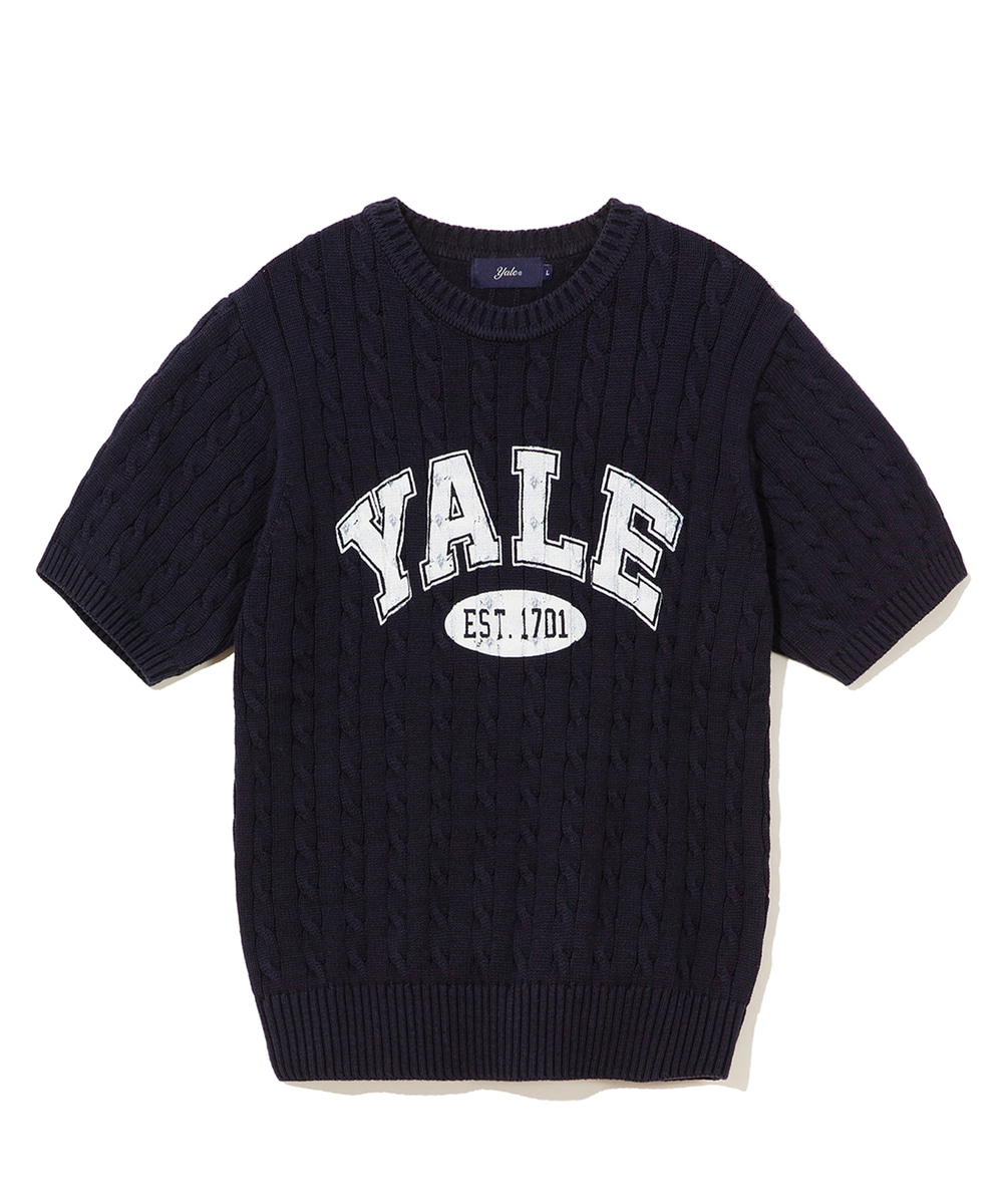 (23SS) WOMENS 2 TONE ARCH LOGO CABLE KNIT TEE NAVY