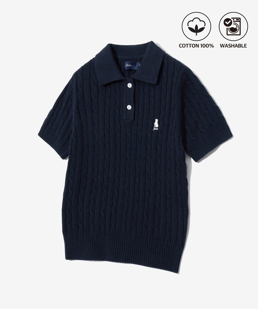 ☆YALE☆ HERITAGE DAN CABLE SHORTSLEEVE POLO KNIT BLACK YEM1 Women's Heritage Dan Cable Short Sleeve Polo Knit Ivory