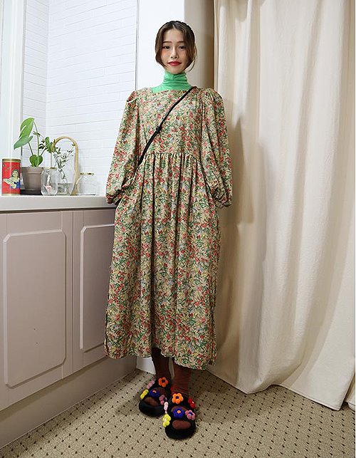 vintage flower long dress(2 colors)