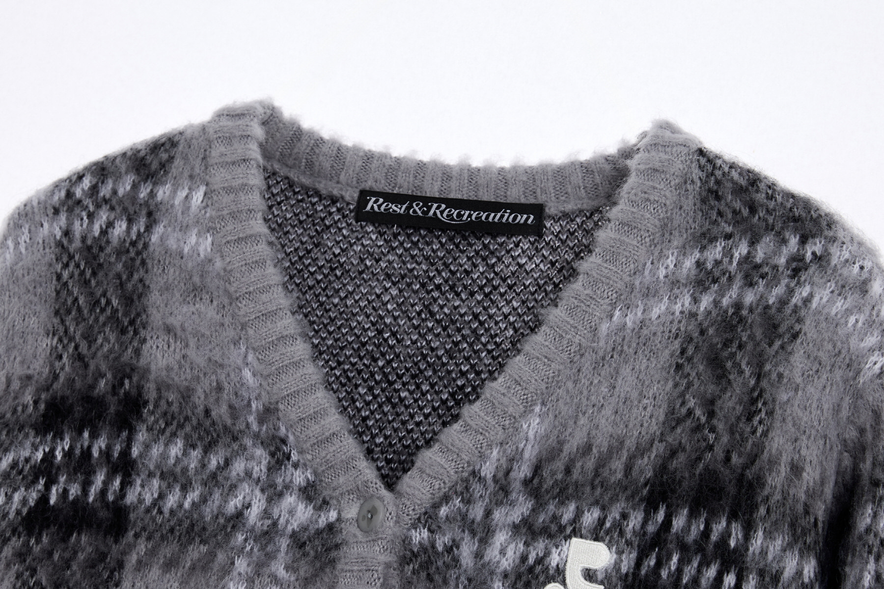 CHECK PATTERN HAIRY KNIT CARDIGAN - GREY - rest and recreation