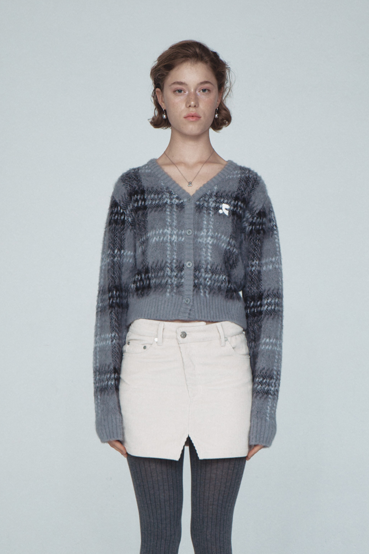 CHECK PATTERN HAIRY KNIT CARDIGAN - GREY - rest and recreation