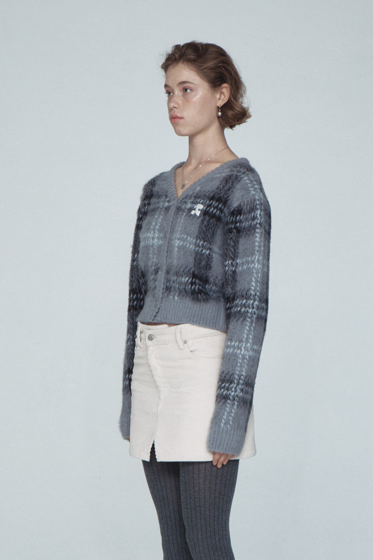 CHECK PATTERN HAIRY KNIT CARDIGAN - GREY - rest and recreation