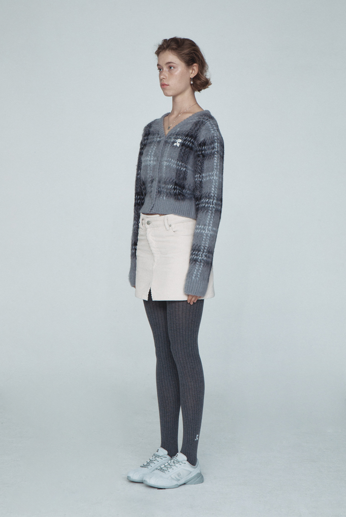 CHECK PATTERN HAIRY KNIT CARDIGAN - GREY - rest and recreation