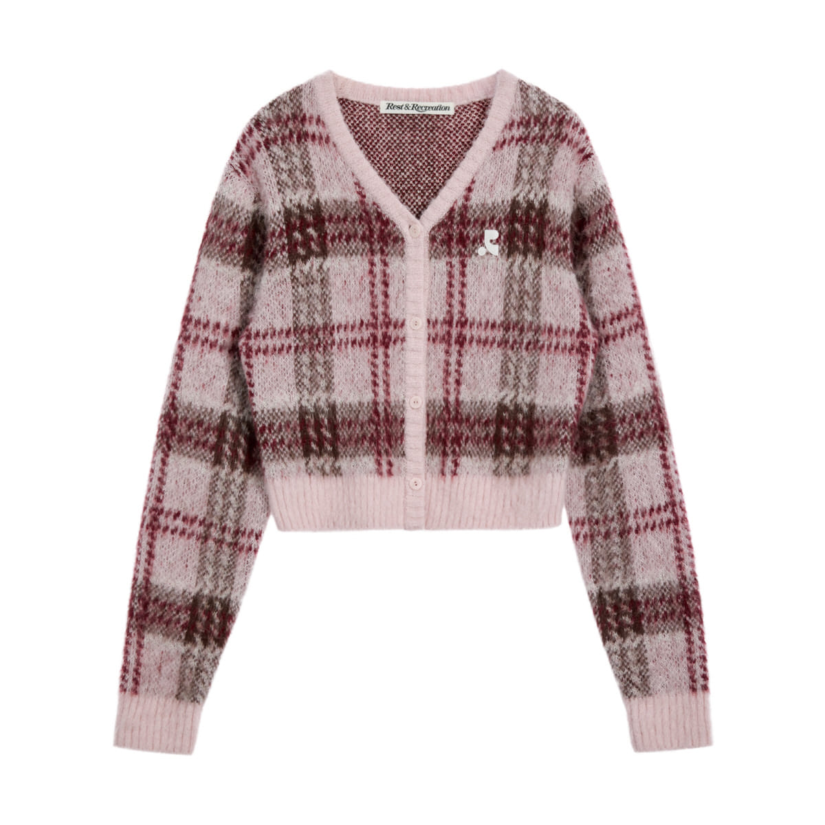CHECK PATTERN HAIRY KNIT CARDIGAN - PINK - rest and recreation