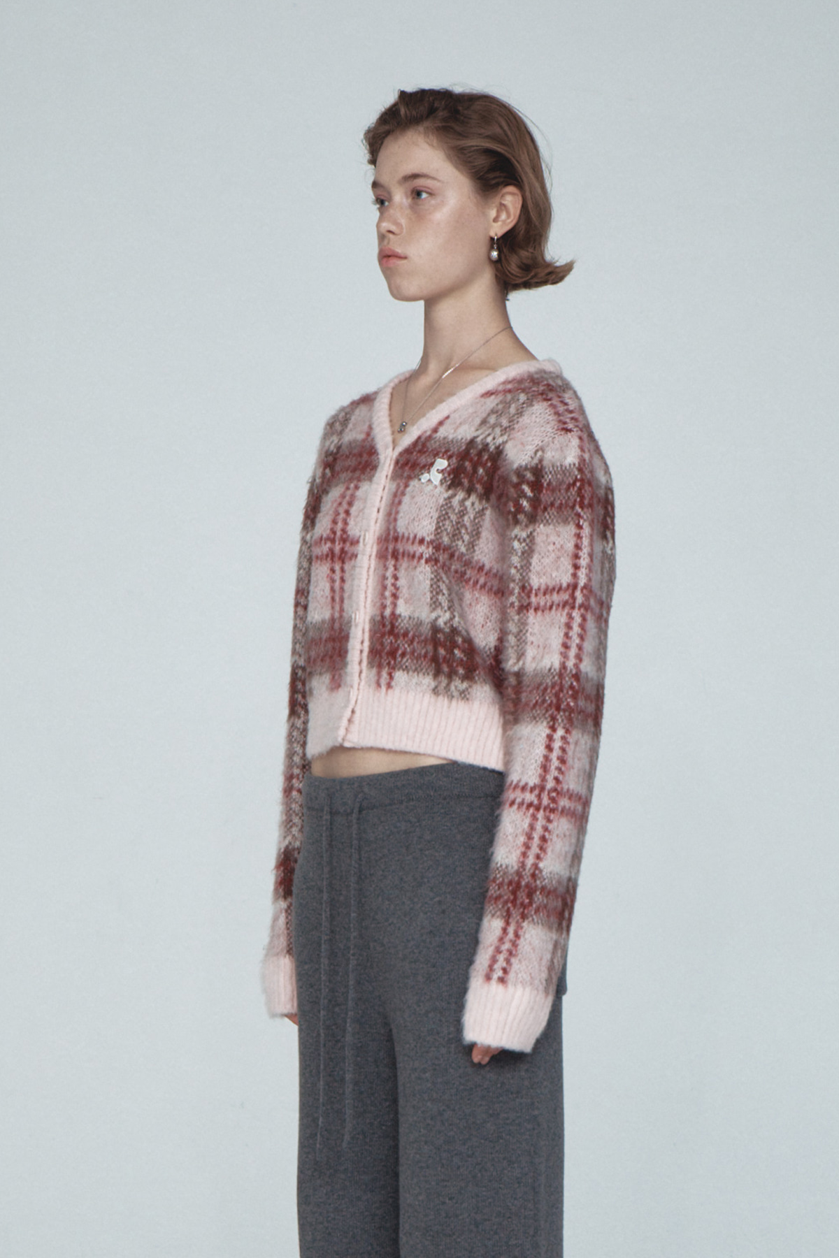 CHECK PATTERN HAIRY KNIT CARDIGAN - PINK - rest and recreation