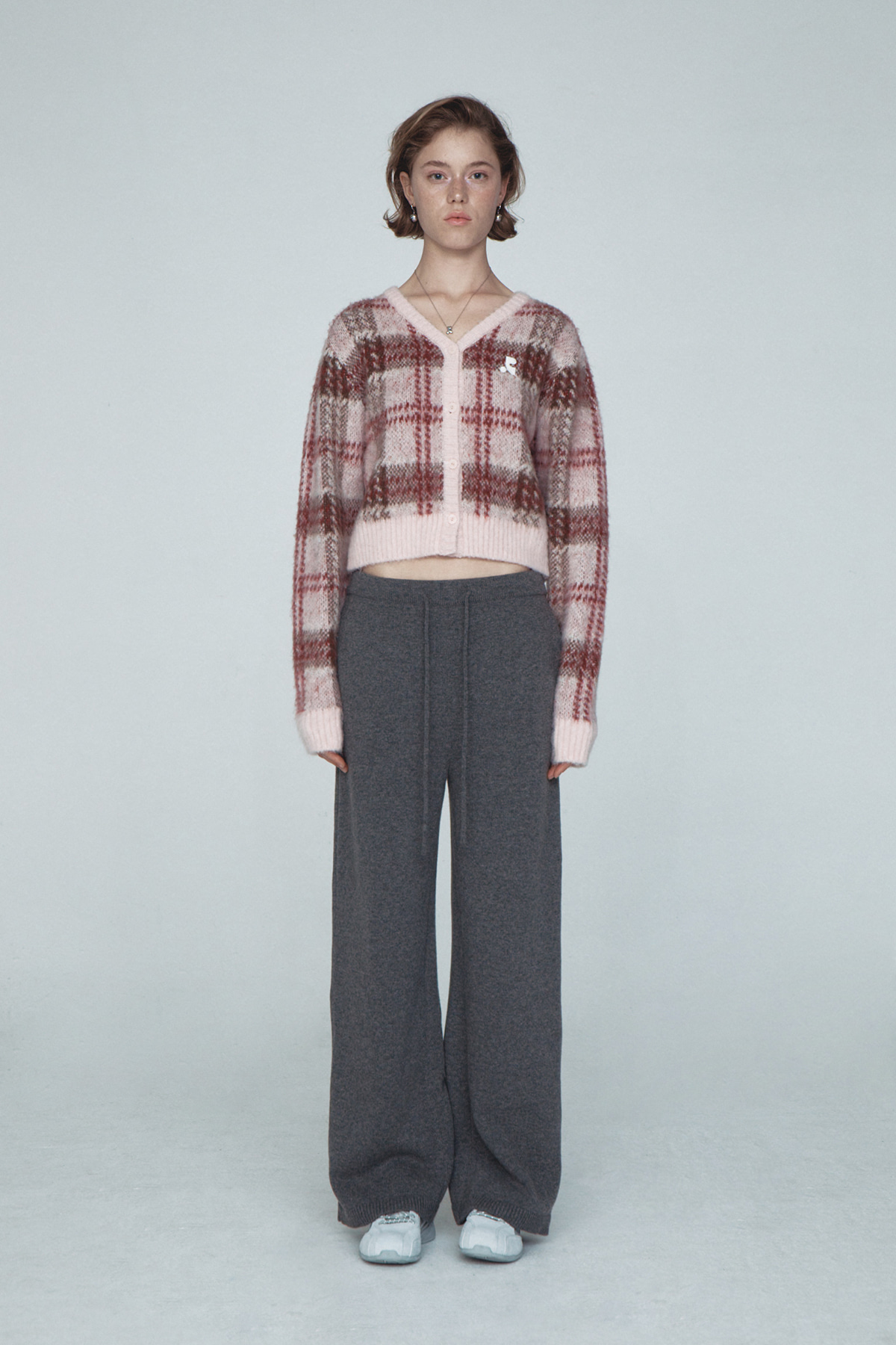 CHECK PATTERN HAIRY KNIT CARDIGAN - PINK - rest and recreation