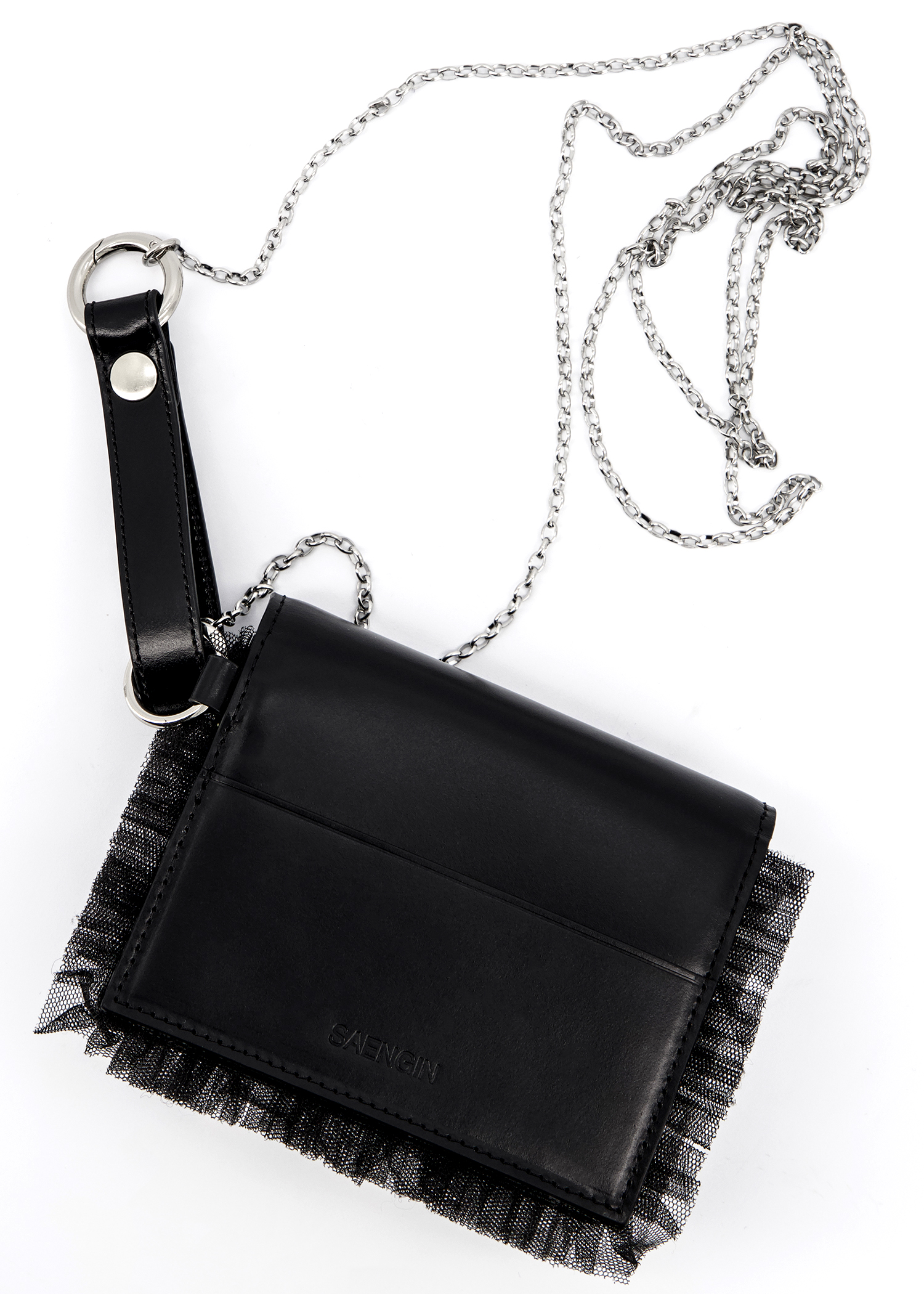 【SAENGINSTUDIO】LACE RUFFLE L CHAIN MINI WALLET BAG LACE RUFFLE METAL CHAIN MINI WALLET BAG - BLACK - saenginstudios