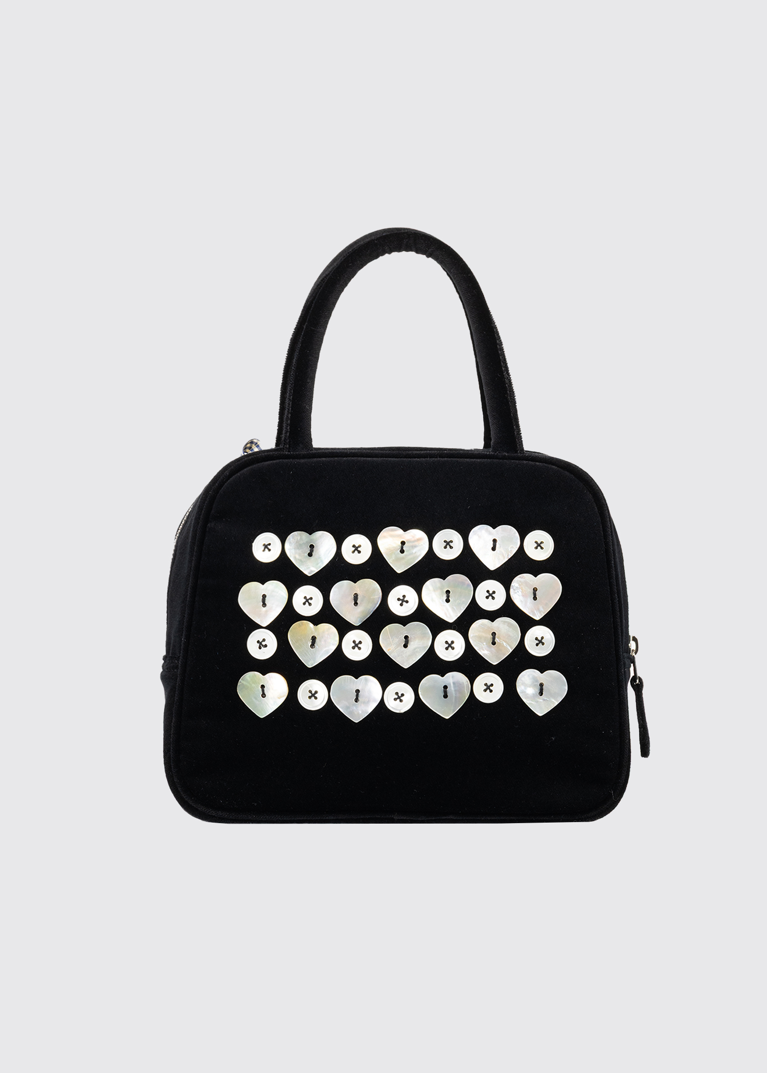 【SAENGIN STUDIOS】Mother-of-Pearl Button Cotton Velvet Hand MOTHER-OF-PEARL BUTTON COTTON VELVET HAND BAG - BLACK