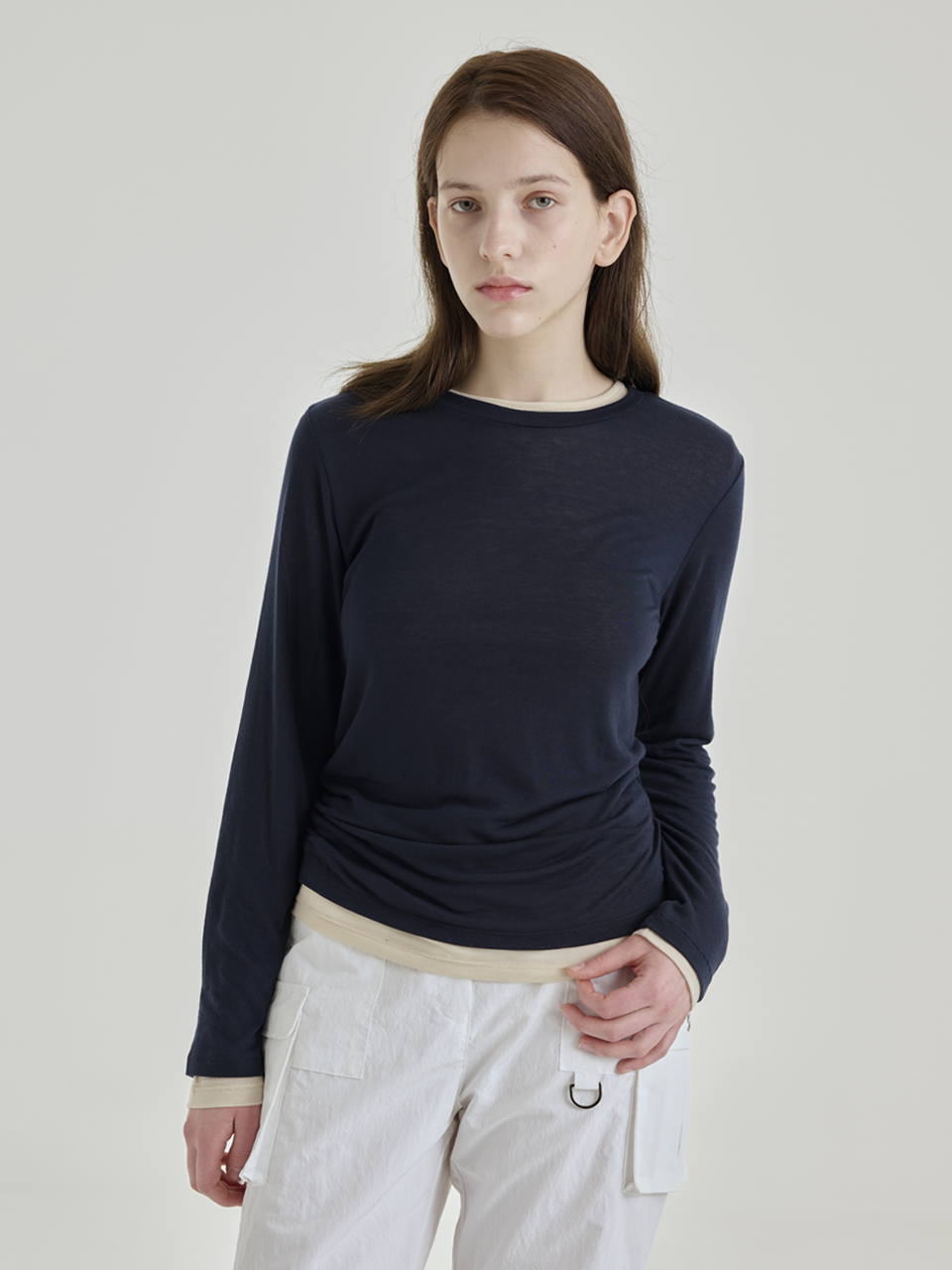 ROUND TENCEL LAYERED T-SHIRT SET [NAVY]