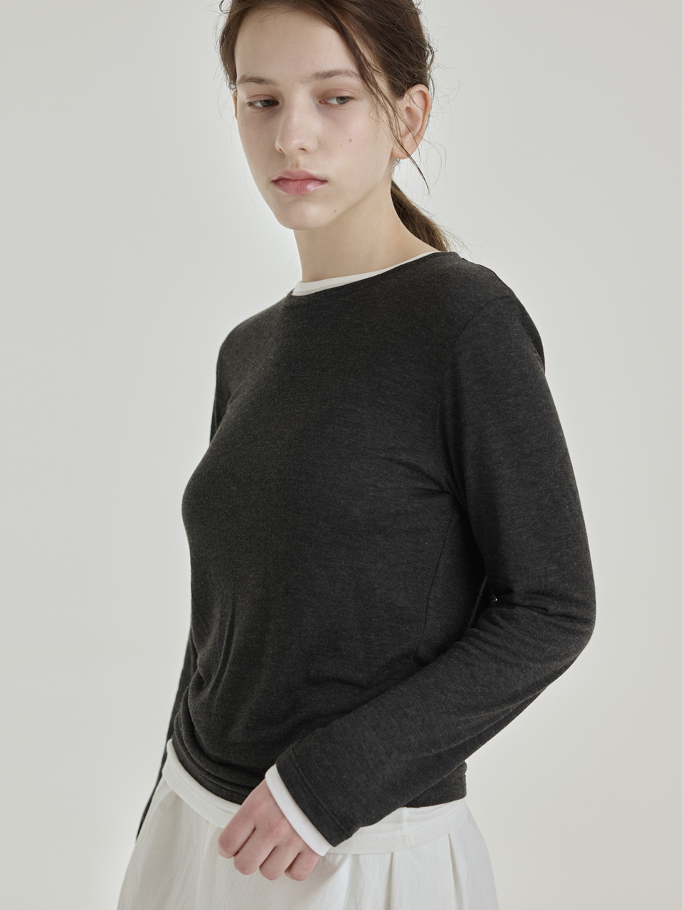 ROUND TENCEL LAYERED T-SHIRT SET [CHARCOAL]