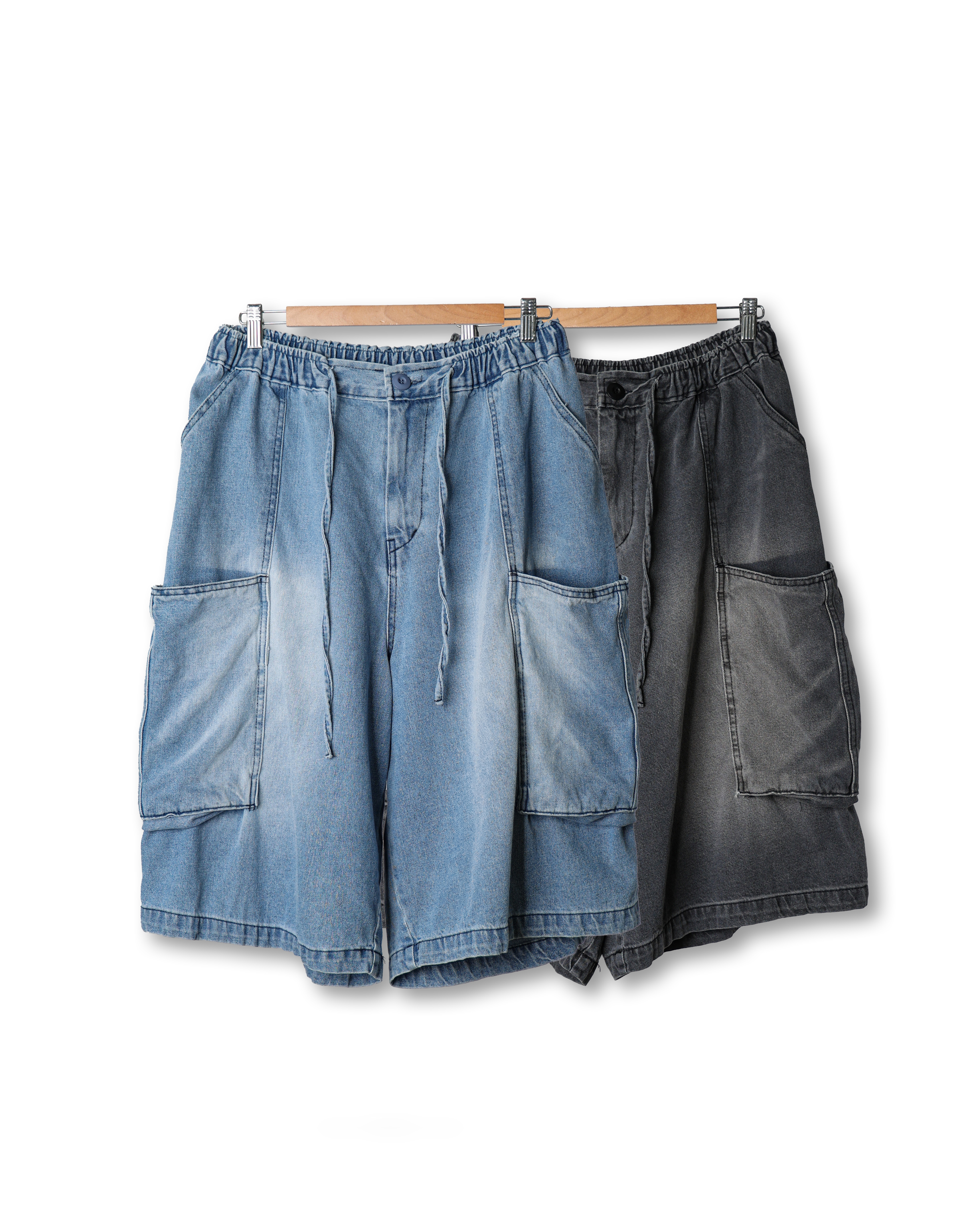 FARM REPOCKET Big Balloon Denim Shorts (Black Denim/Light Denim)