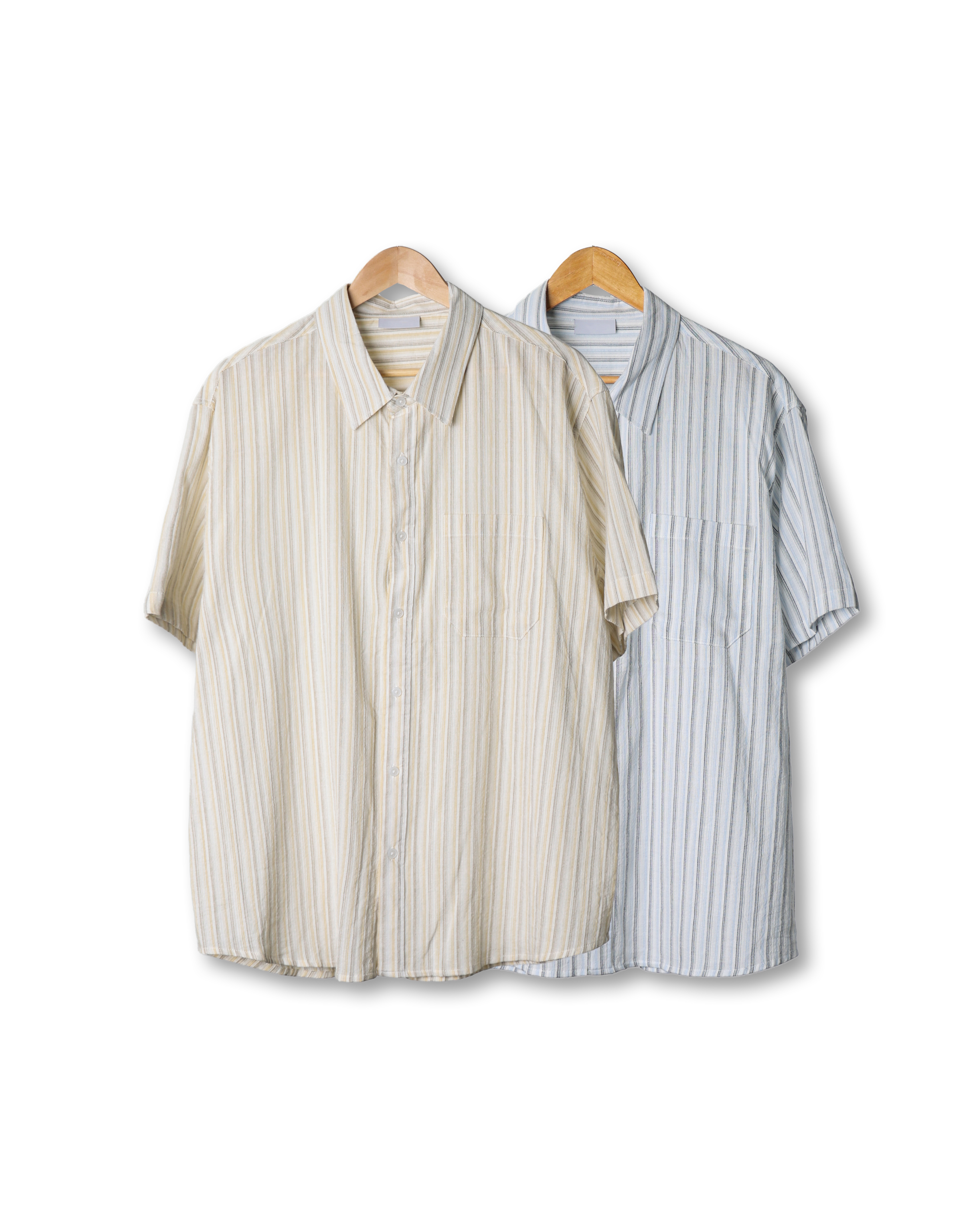 BEGNIN First Stripe Over Pocket Half Shirts (Sky Blue/Yellow Beige)