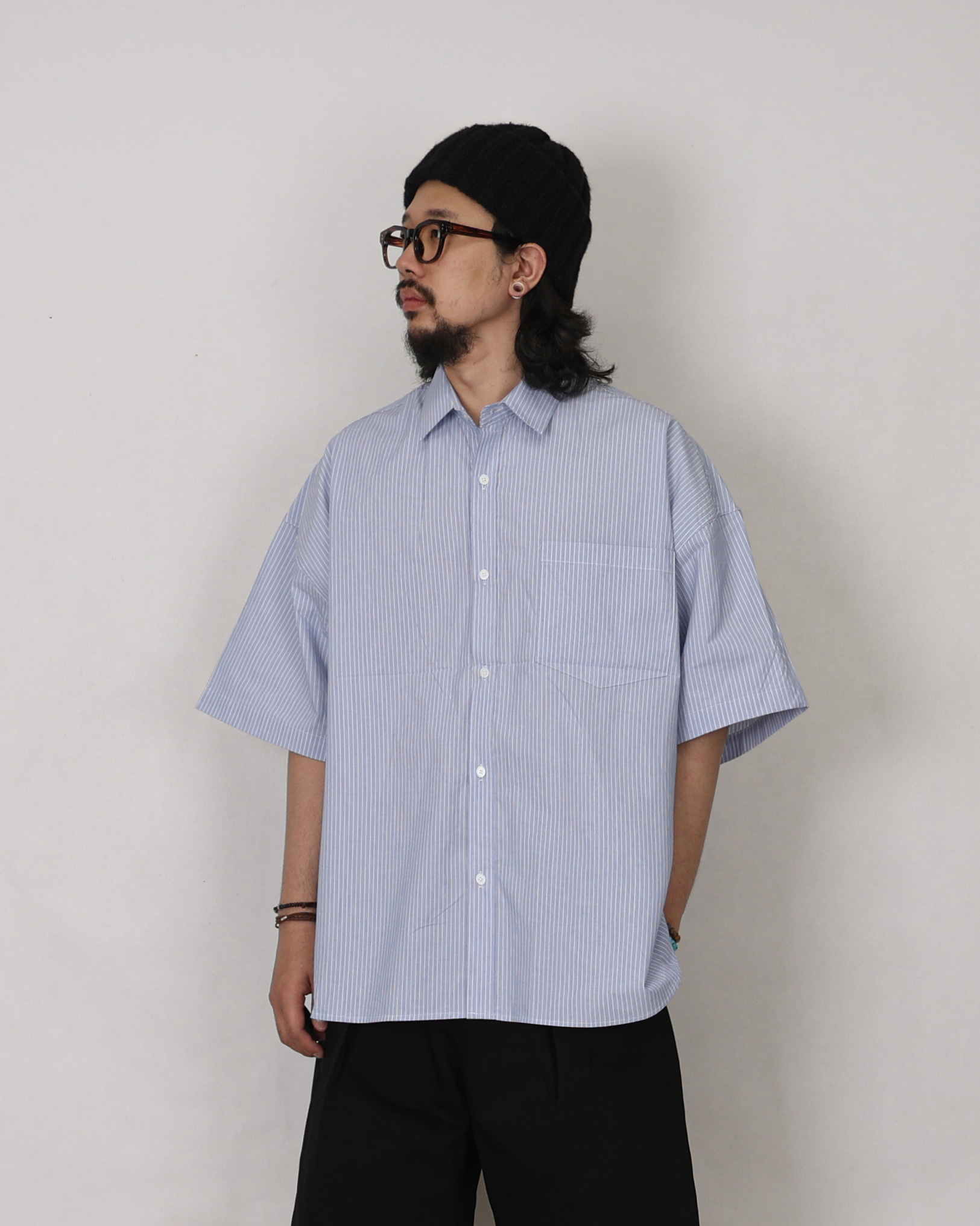 FREAK Rolling Stripe Wide Half Shirts (Sky Blue/White)