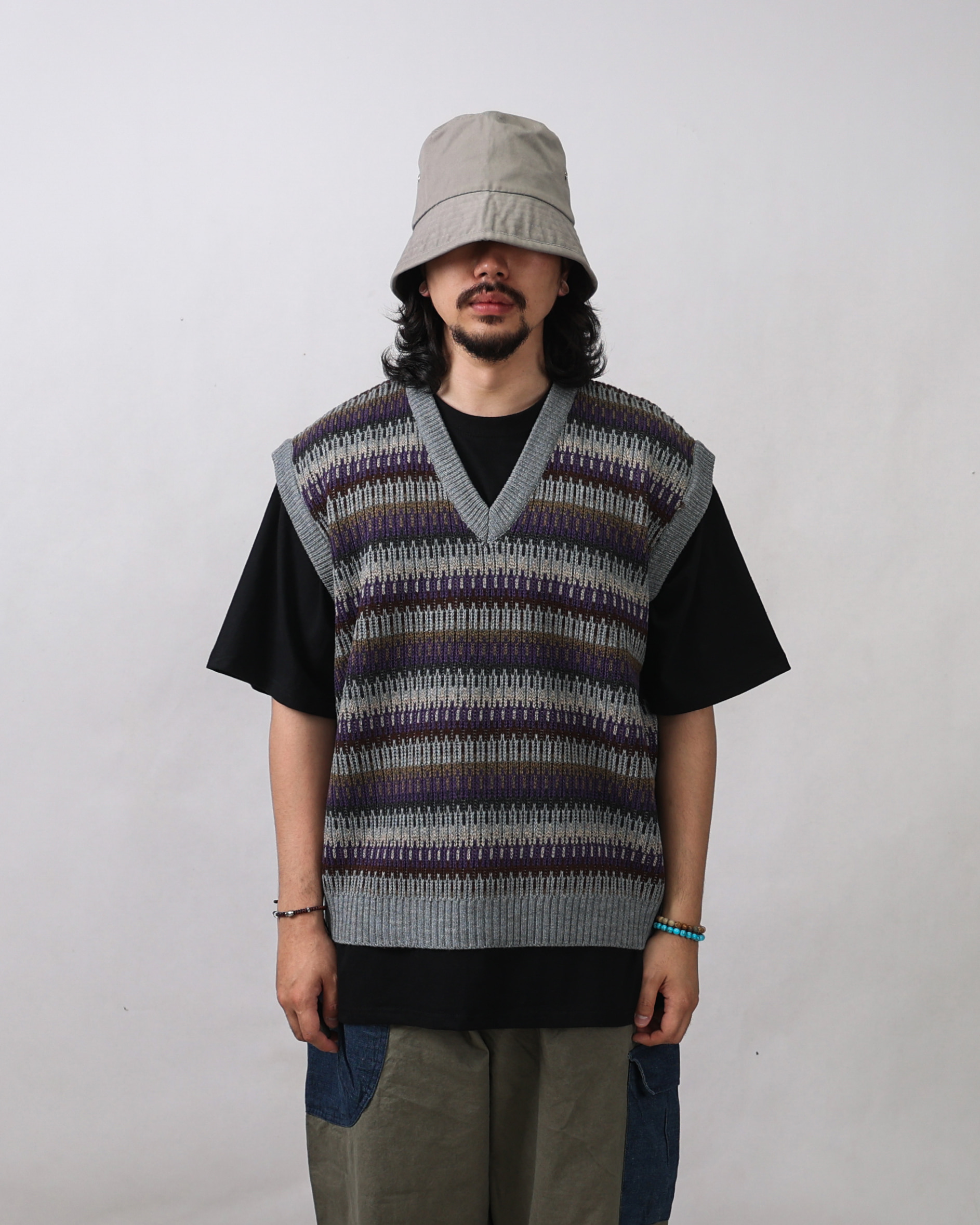 Tweed Stripe Knit Vest (Black/Gray)