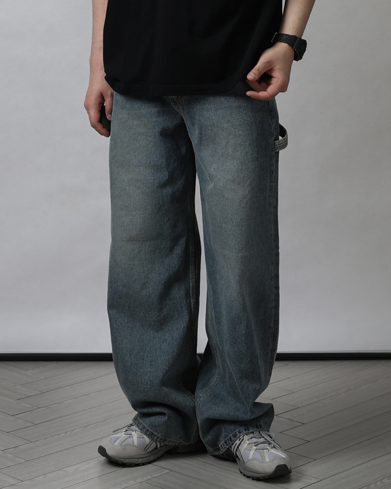 LIWAVY 2 TONE Denim Carpenter Pants (Black Denim/Blue Denim)