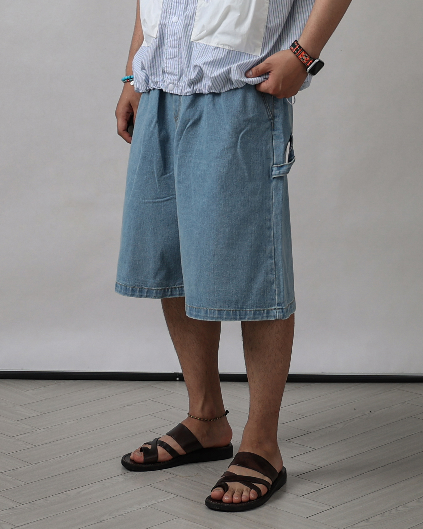 ANSWR Carpenter Loop Denim Bermuda Pants (Black Denim/Blue Denim)