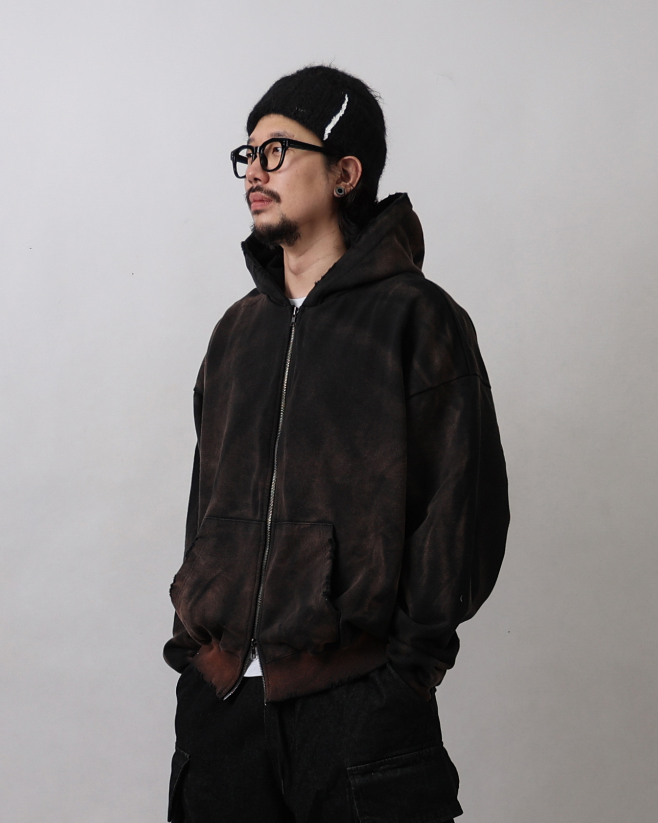 EASY Smogy Dying Washed Hoodie Zip Up (Black/White)