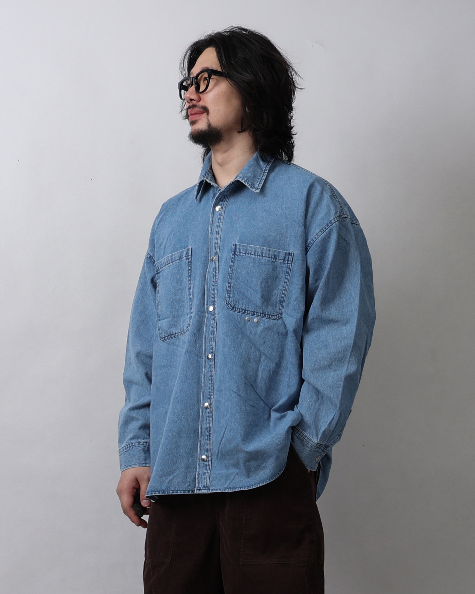 HICOL Snap Over Wide Denim Shirket (Black Denim/Middle Denim)