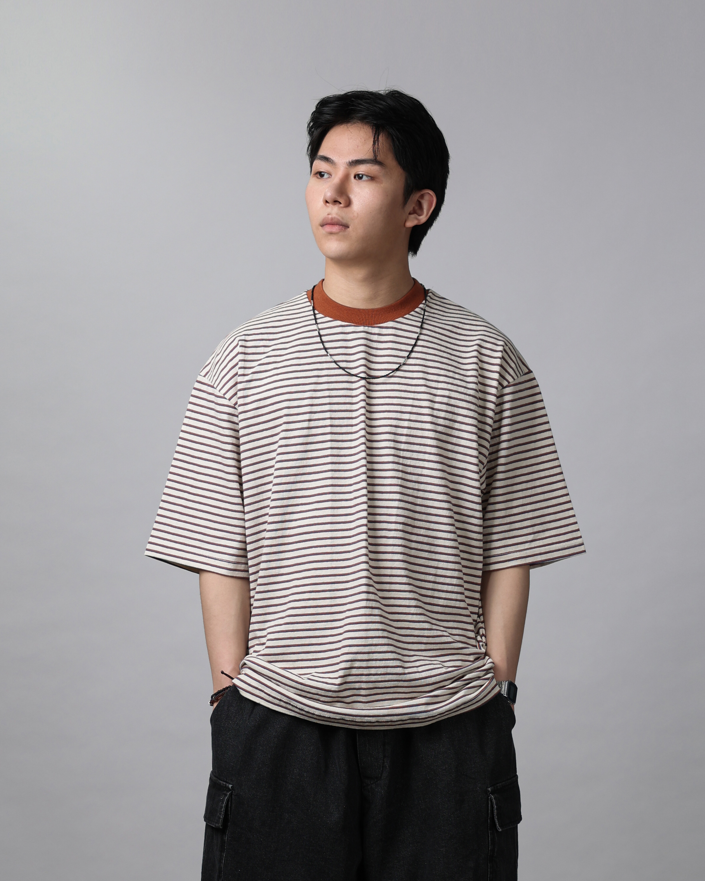 HAMML Thin Stripe Easy T Shirts (Navy/Brown)