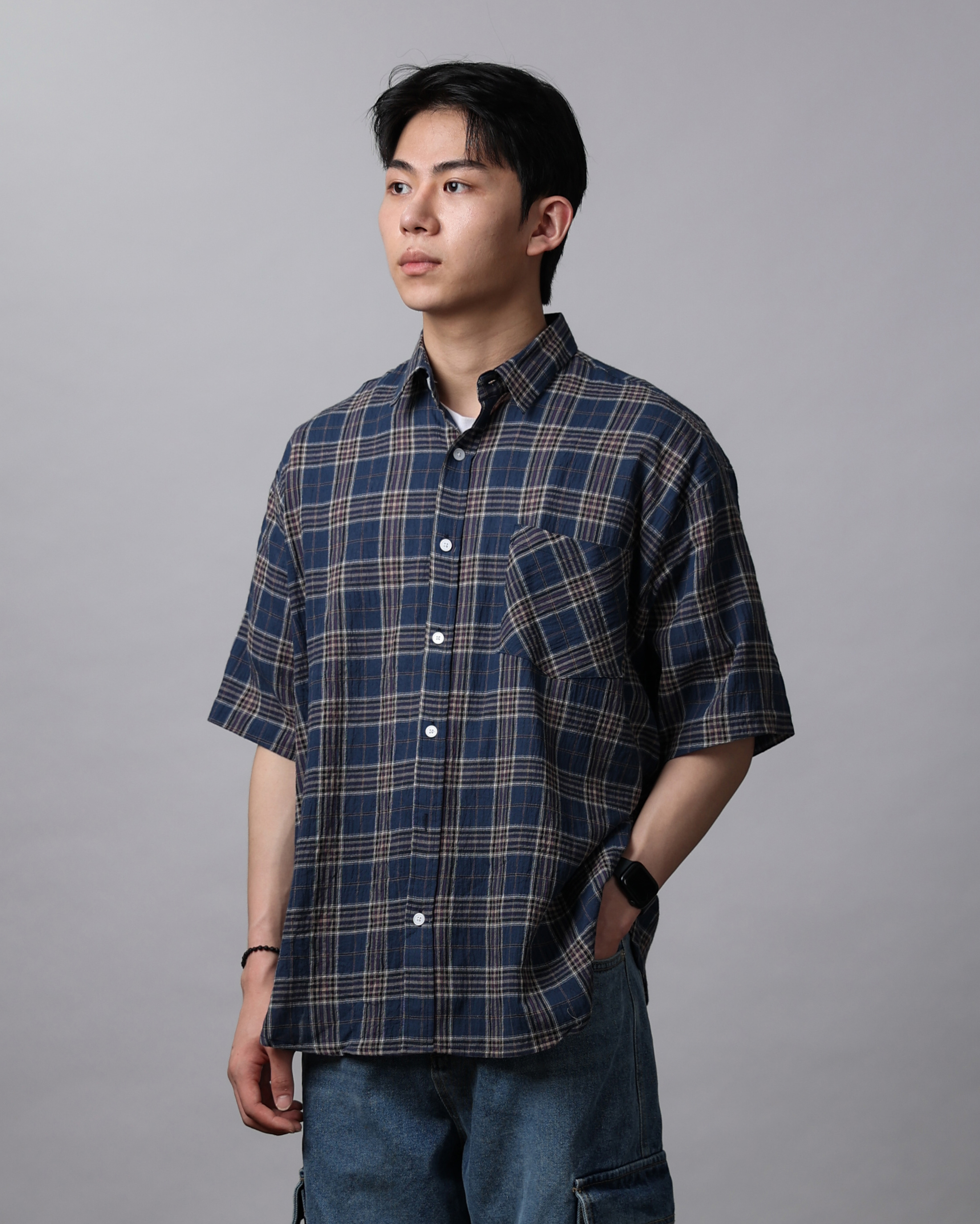 WEATHER Light Summer Half Check Shirts (Navy/Green/Beige)