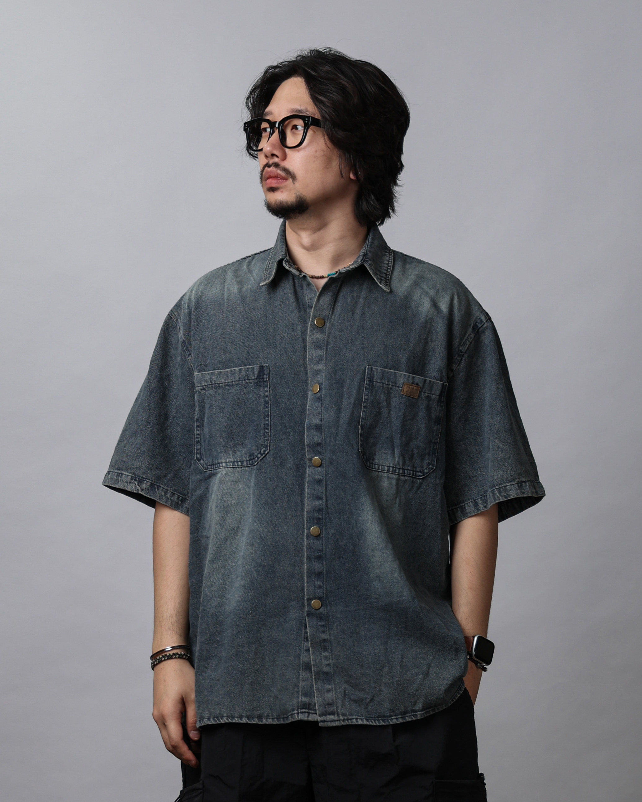 COZY Western Washed Denim Half Shirts (Black Denim / Denim)