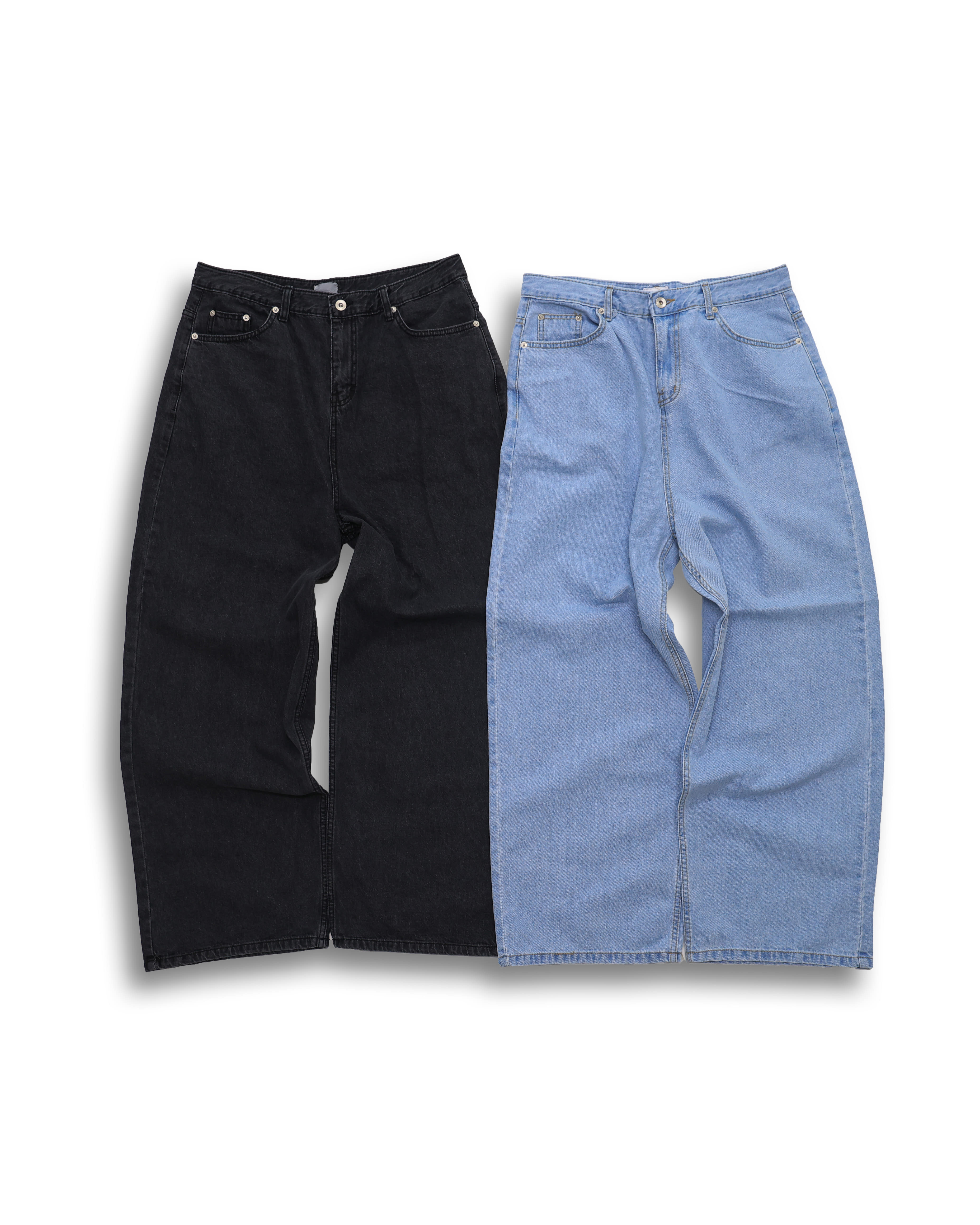 Cozy Over Loose Wide Denim (Black/Light Denim)