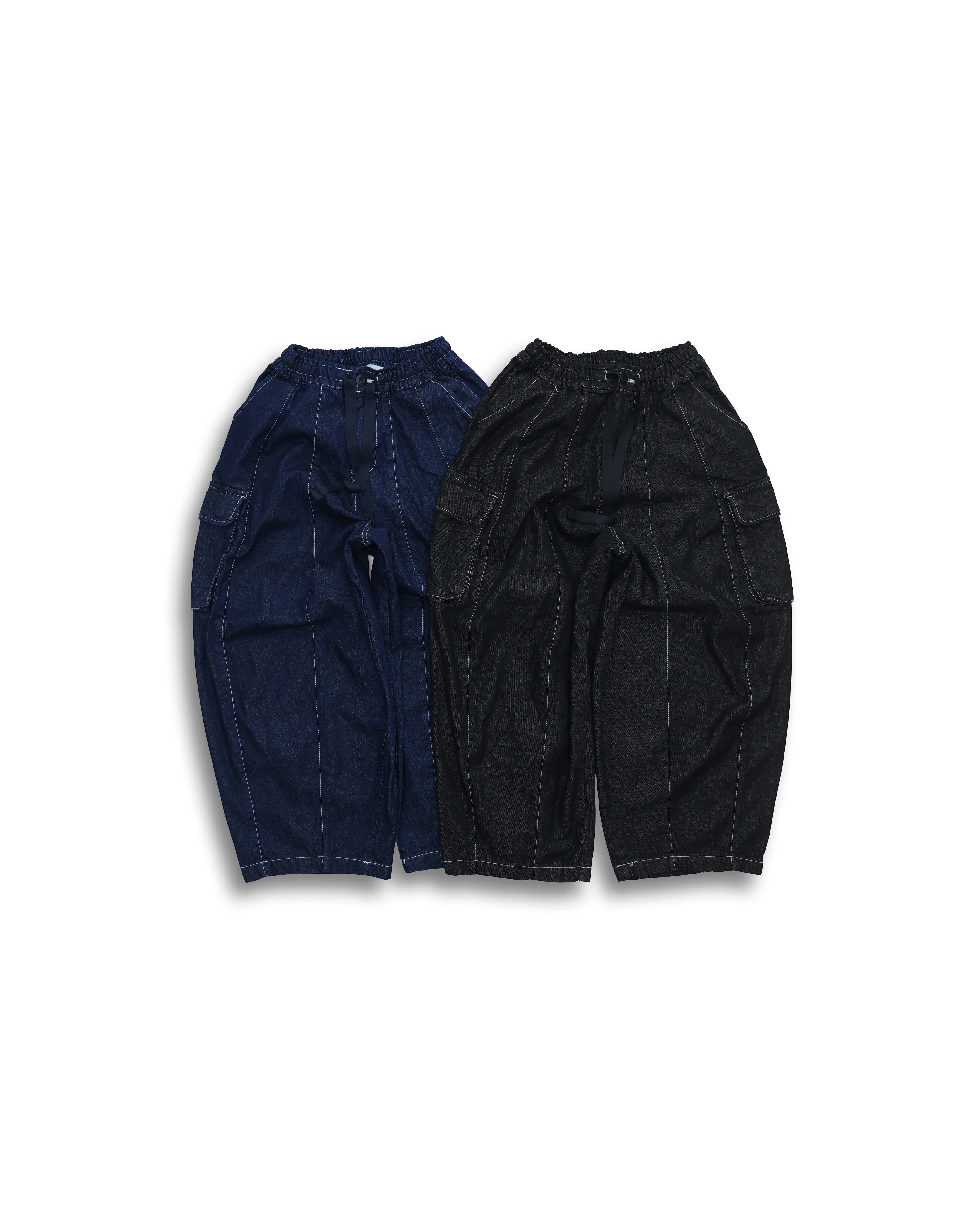 Cargo Line Stitch Balloon Denim Pants (Black Denim/Blue Denim)