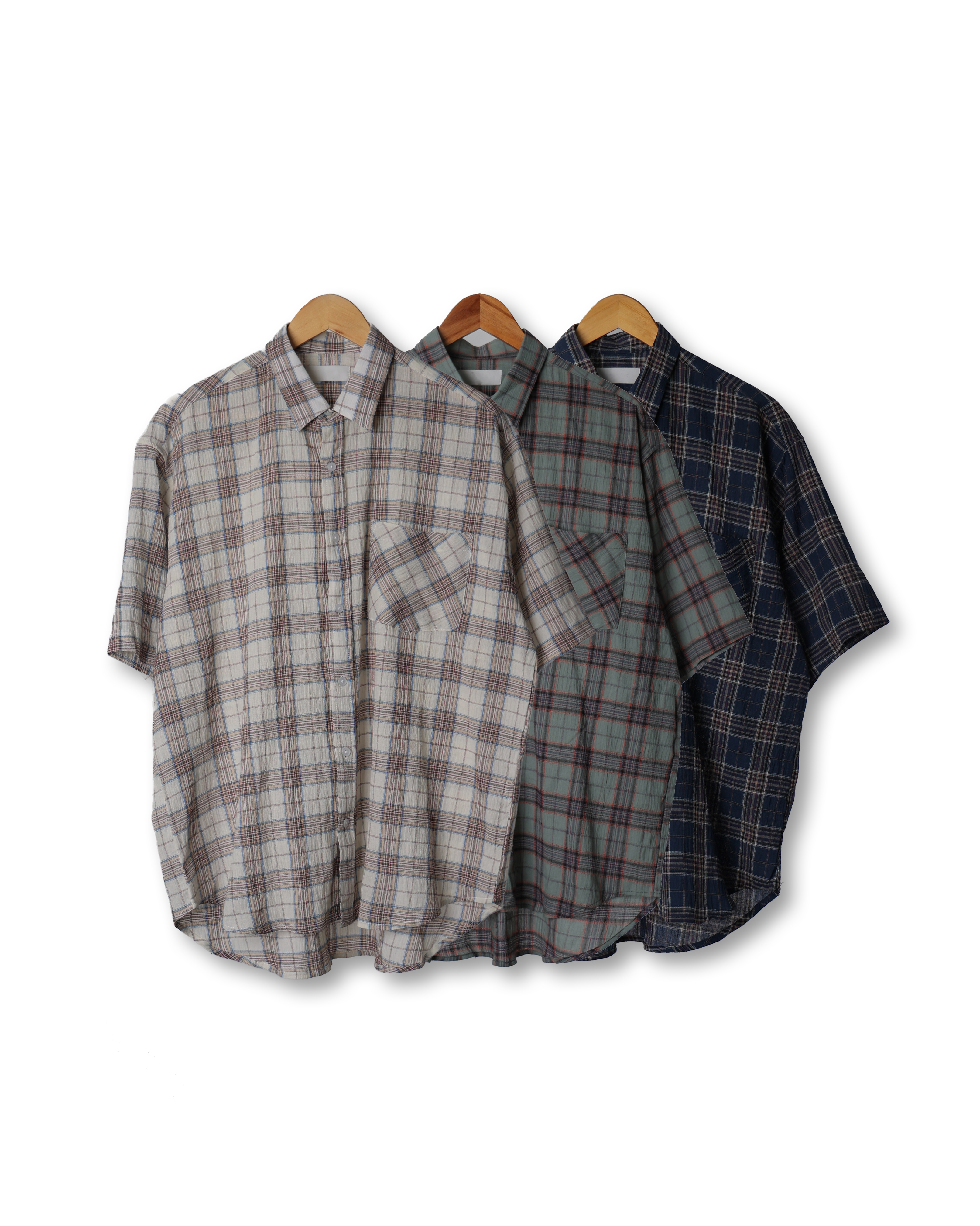 WEATHER Light Summer Half Check Shirts (Navy/Green/Beige)