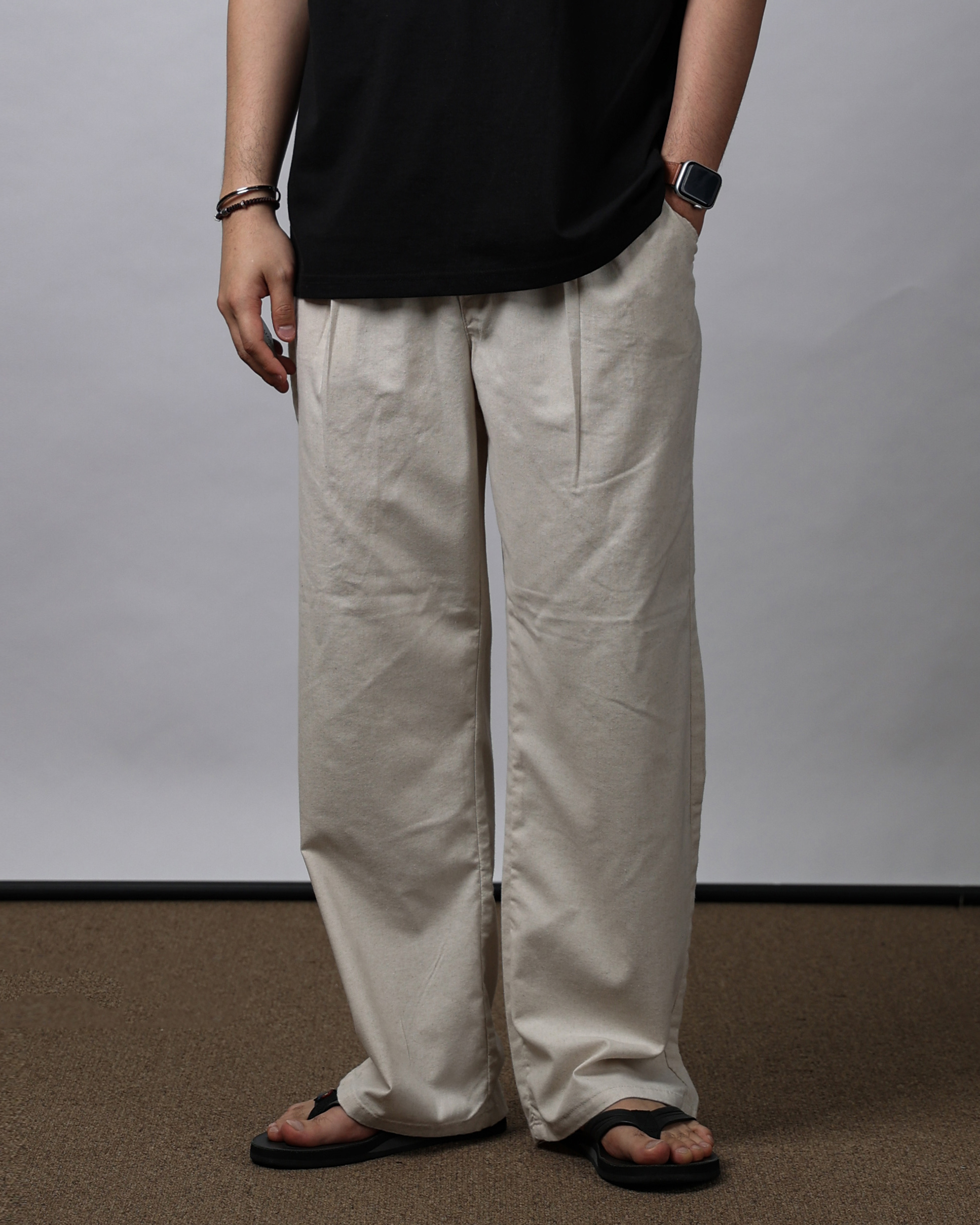 STAR 669 One Tuck Linen Wide Pants (Black/Natural/Ivory)