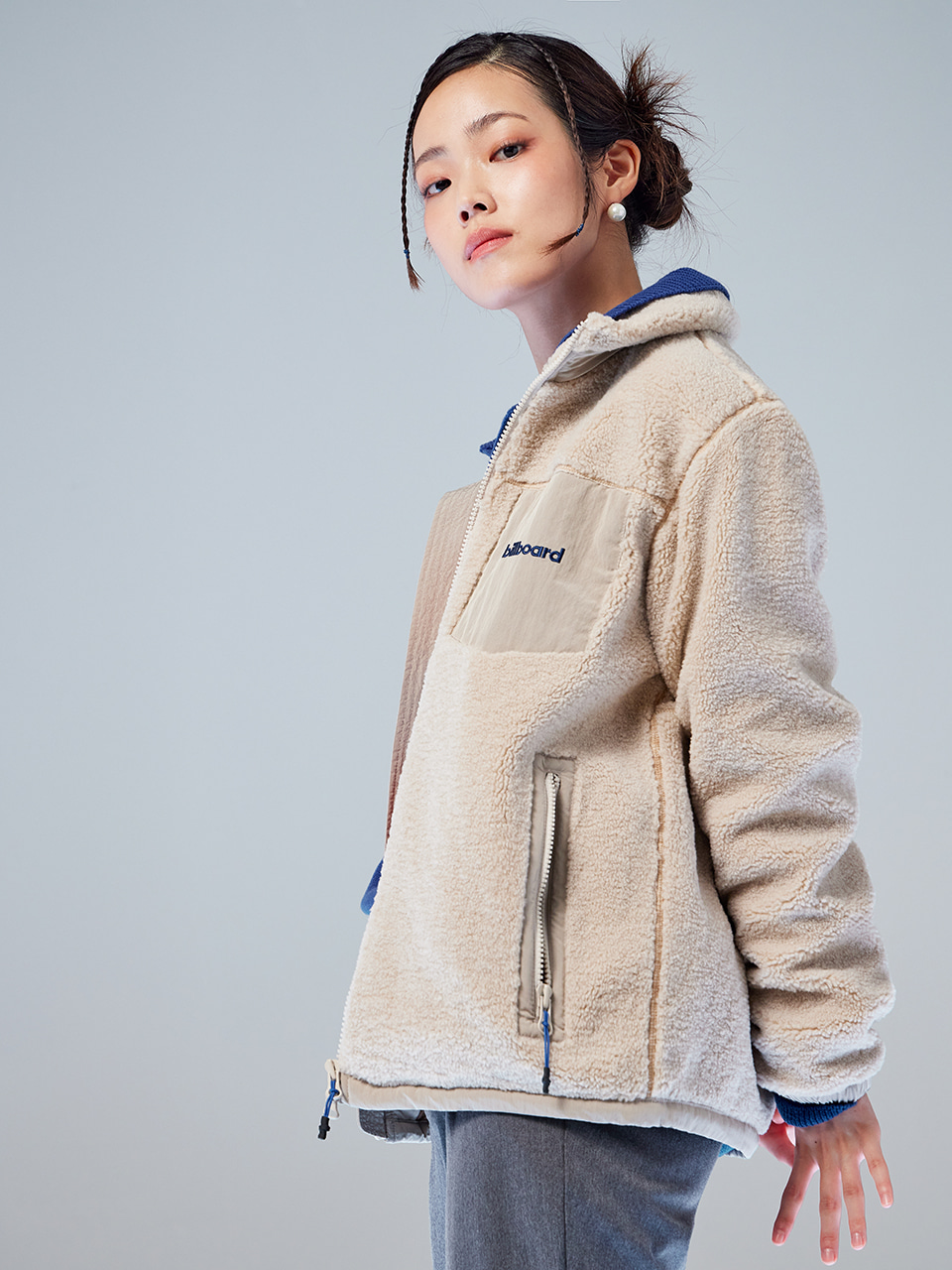 Color block pocket fleece jacket_Light beige