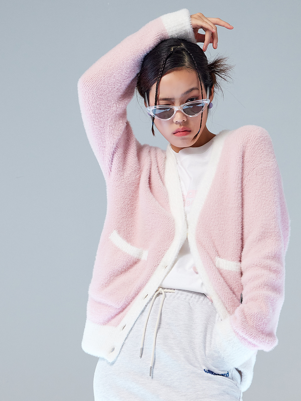 Mohair V neck knit cardigan_Light pink