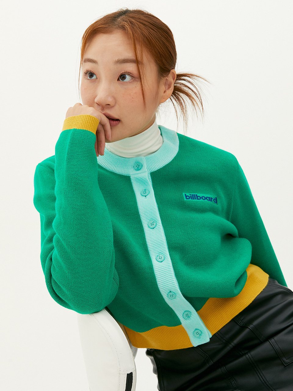 Women Round color block cardigan_Green