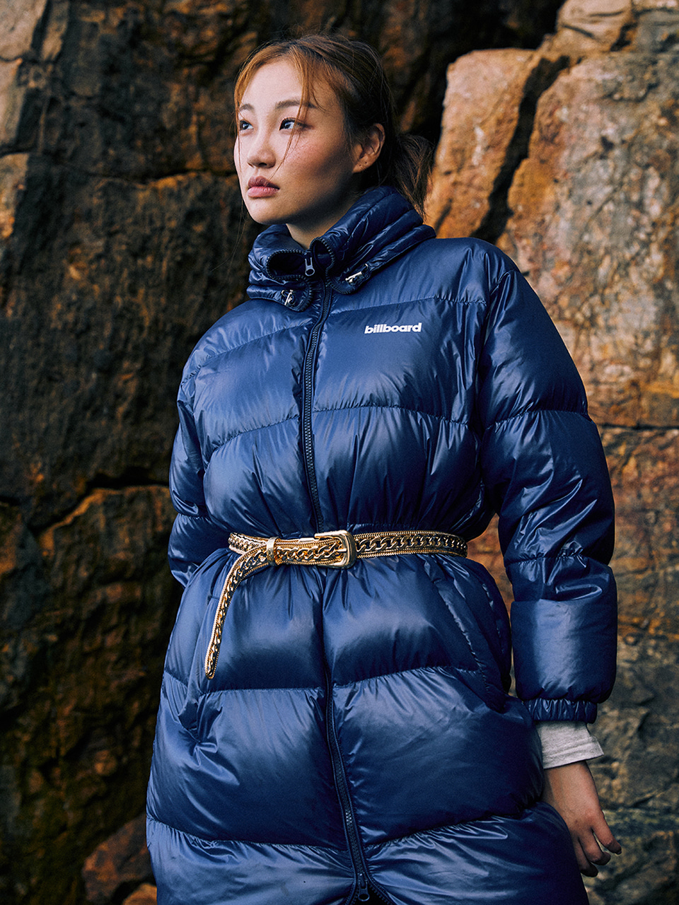 Women High neck collar long down parka_Navy